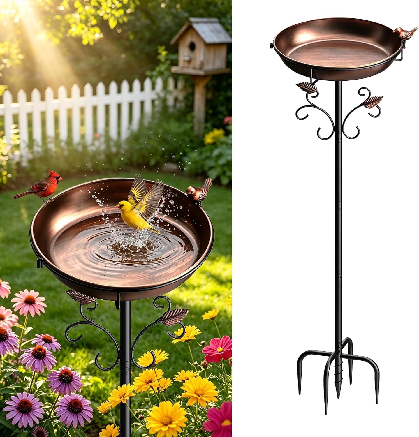 50″ Tall Metal Bird Bath for Outside, Water Feeder Bowl Outdoors | Thick Adjustable Stand Pole,Vintage Garden Freestanding Birdbath & Birdfeeder, Rust Resistant Stake, Yard Patio Lawn Decor