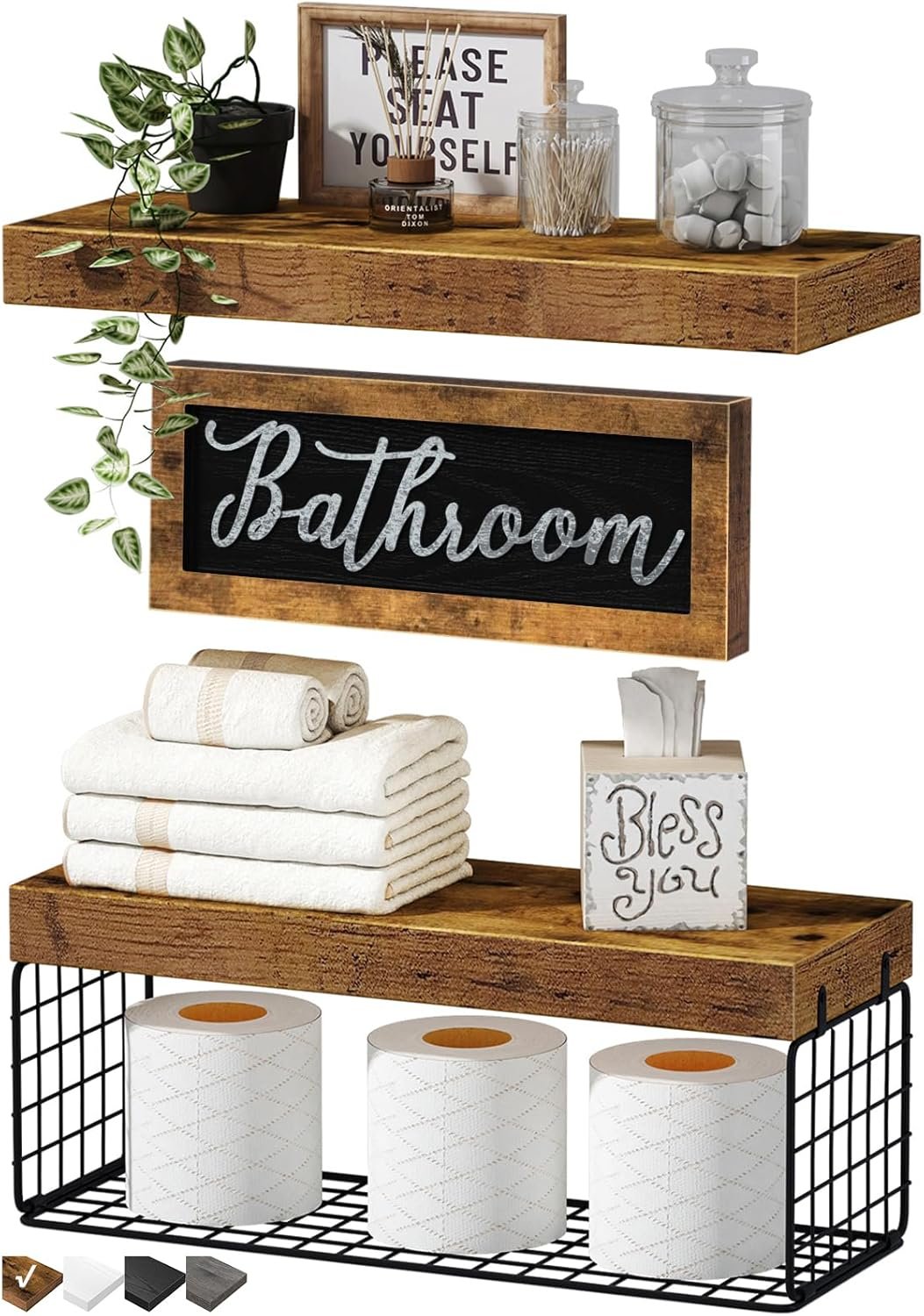 QEEIG ‎Bathroom Shelves Over Toilet – Paper Storage Wall Mounted Farmhouse Decor Decorations Aesthetic Décor Sign Small Floating Shelf 2+1 Set 16 inch, Rustic Brown (020BN)