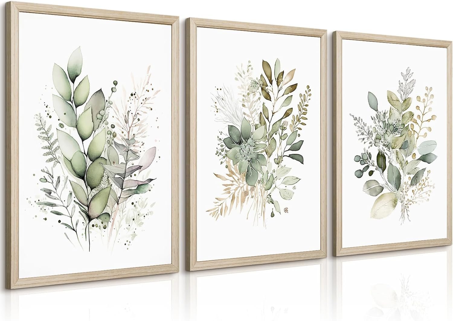 Watercolor Botanical Wall Art Set of 3 Boho Floral Canvas Wall Decor Prints Sage Green Wildflower Wall Art Modern Flower Pictures Botanical Painting for Bedroom Bathroom 12×16 Inch Wood Framed