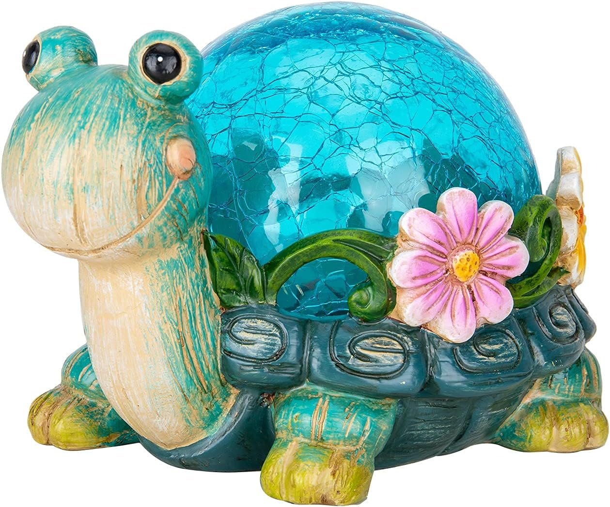 Garden Turtle Statue Outdoor Decor, Resin Solar Lights with Glass Globe | Solar Turtles for Outdoors with Flowers,Tortoise Figurine Lawn Yard Outside Decorations, Turtle Gifts for Women and Cat Lover