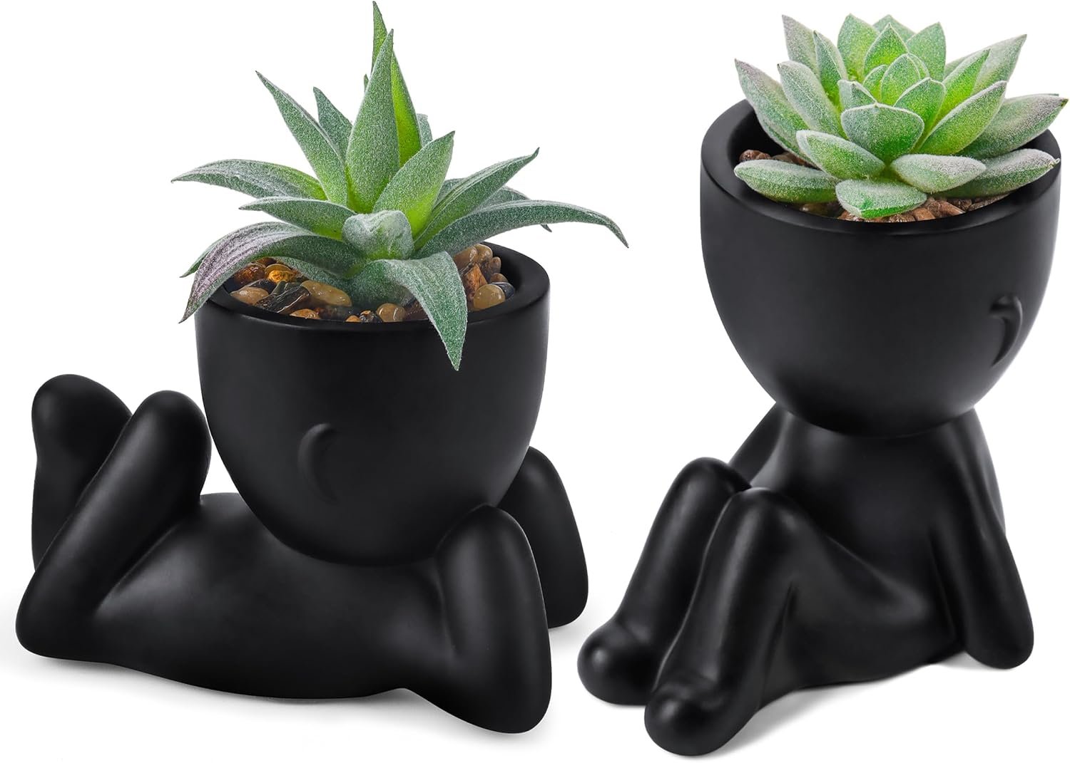 Der Rose 2 Pack Fake Succulents in Black Human Pots for Bathroom Decor | Playful matte sculptural planters，perfect for black bathroom office desk shelf bedroom decor，stays vibrant all year long