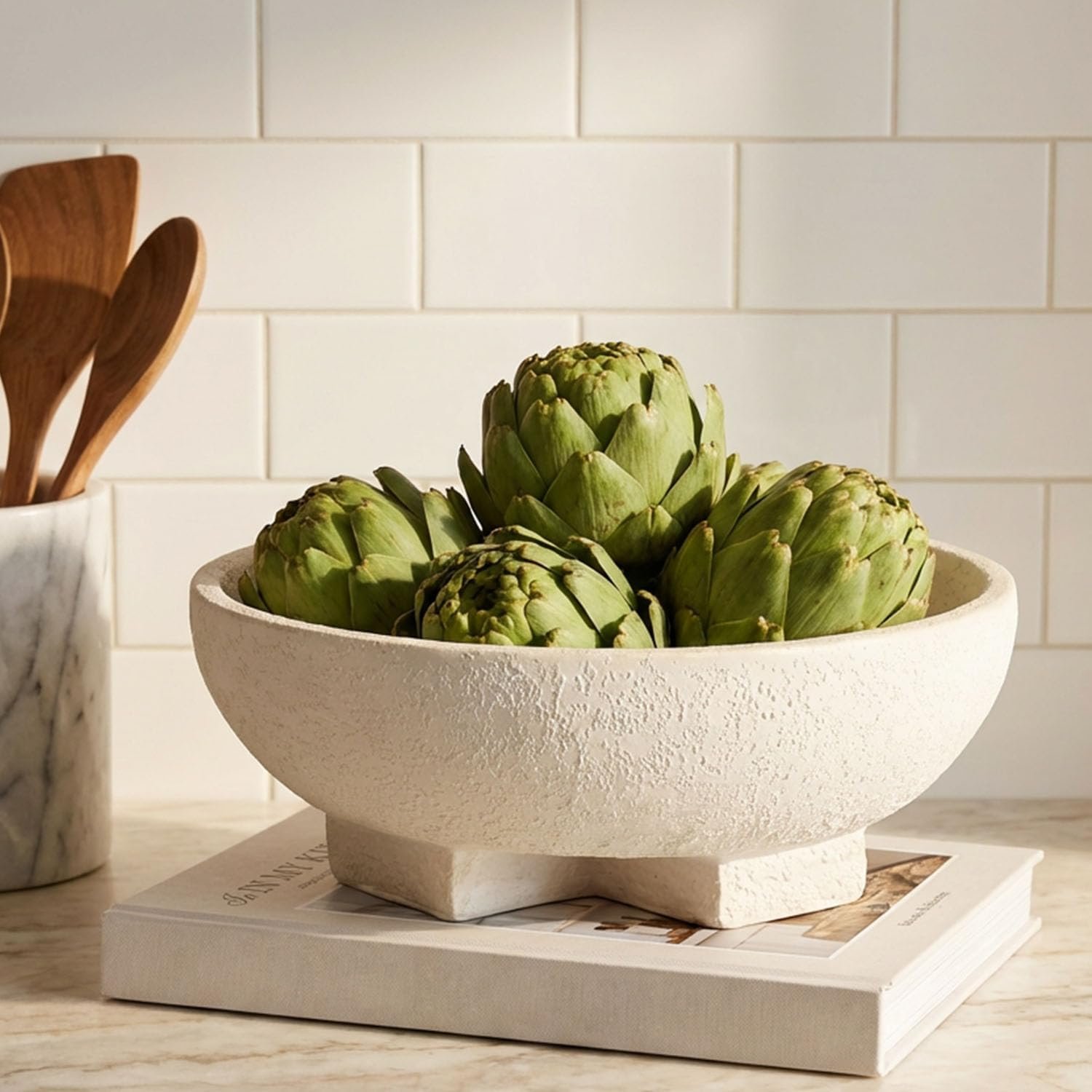 FESTGLOX Large Decorative Bowl, Beige White Fruit Bowl for Kitchen Counter | Resin Pedestal Entryway Key Bowls for Home Decor, Modern Coffee Table Bowl for Purse, Candy, Jewelry