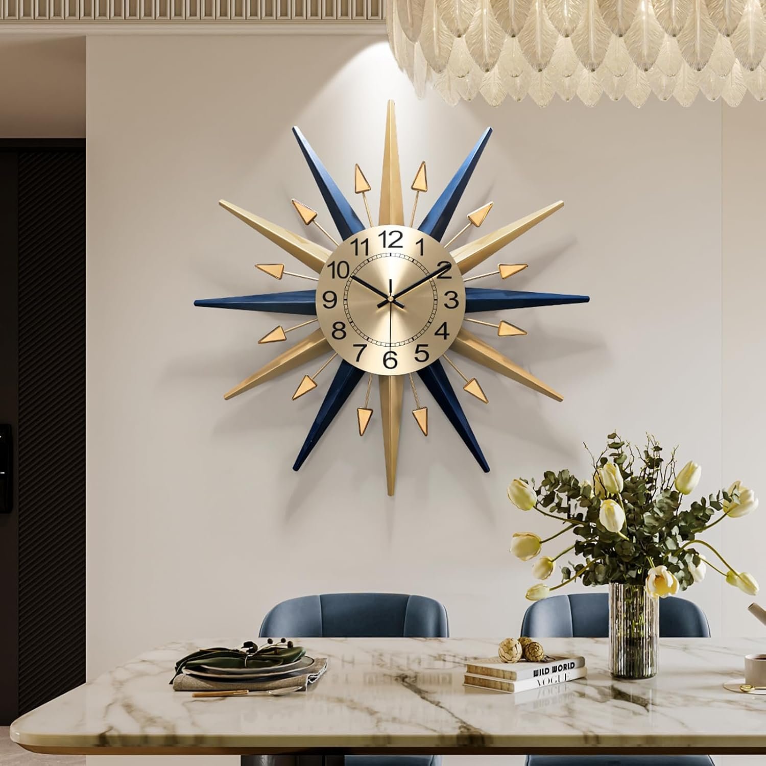Starburst Large Wall Clock,Mid Century Decorative Wall Clock | Modern Silent Clock Battery Operated for Living Room/Kitchen/Entryway/Bedroom/Office/Dinning Room Metal Wall Decor