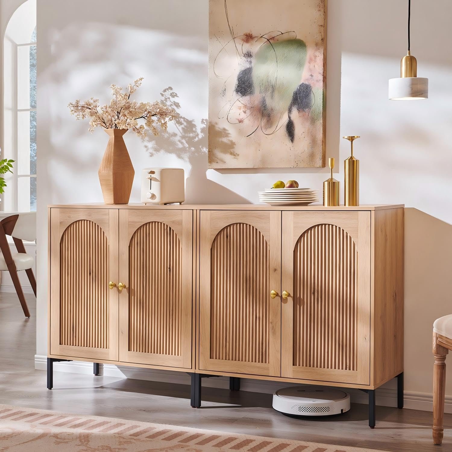 IFBUY Modern Sideboard Buffet Cabinet, 61.75″ W Fluted Arched Buffet Cabinet with Storage and Adjustable Shelves, Wooden Modular Coffee Bar Cabinets for Kitchen, Entryway, Natural