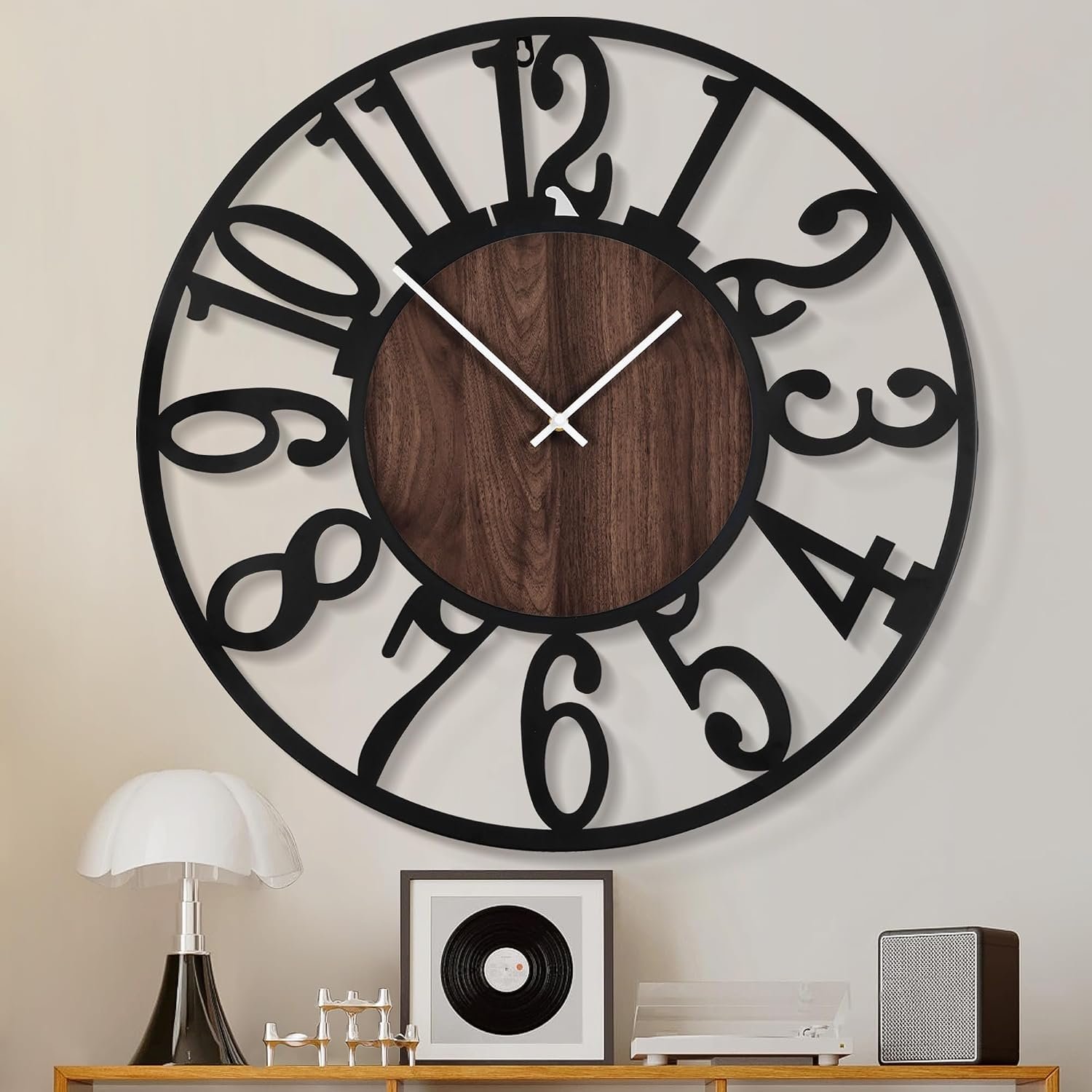 1st owned Large Wall Clock for Living Room Decor- 24″ Decorative Antique Silent Non Ticking,Battery Operated,Black Metal,Wood Clocks for Farmhouse,Dining Room,Bedroom,Kitchen – Arabic Numerals