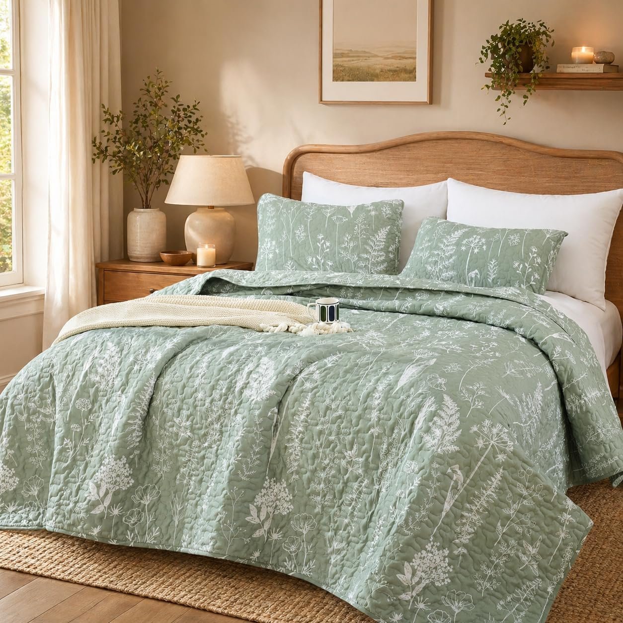 JANZAA Quilts Queen Size, Sage Green Bedspread 3 Pcs Floral Bedding Set | Boho Microfiber Coverlet Botanical Queen Quilt Reversible Lightweight Comforter with 2 Pillowcases for All Season (96″x90″)