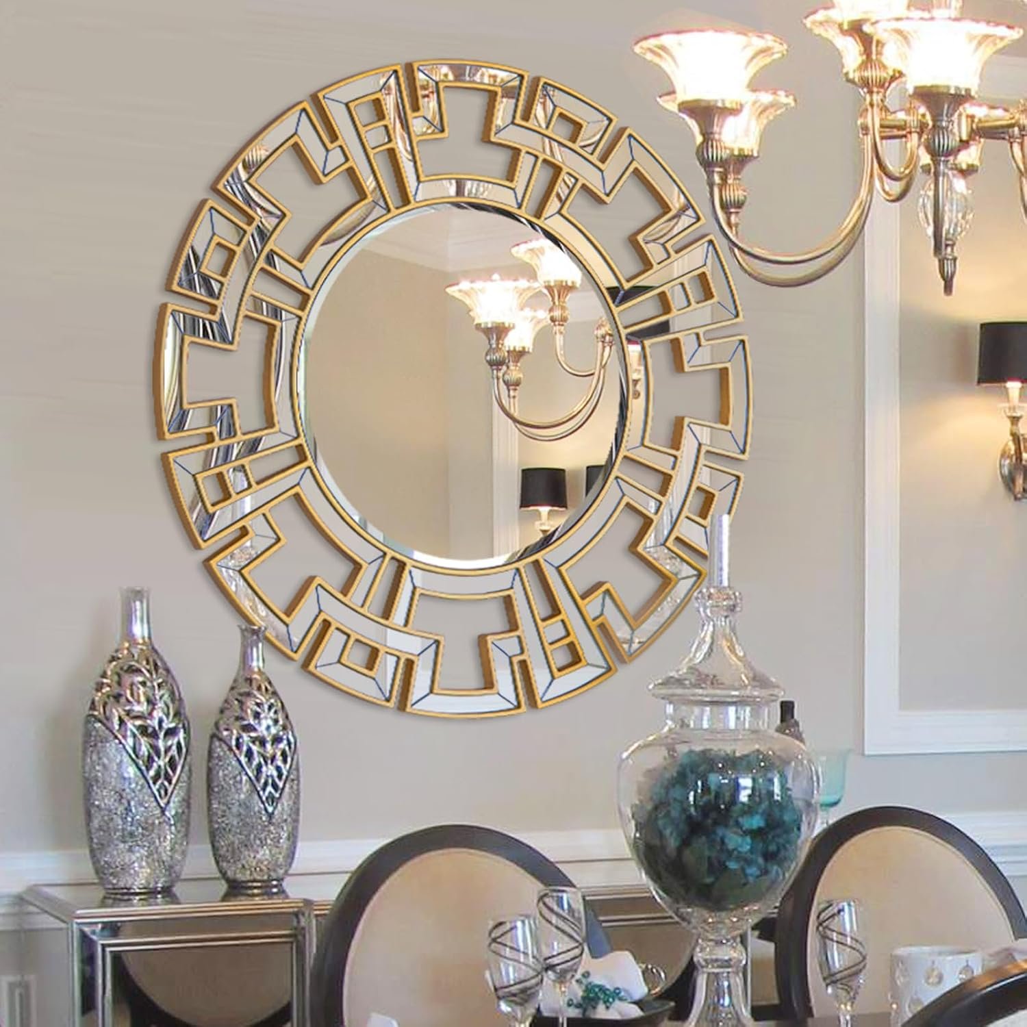 Gold Mirrors for Decor, 32” Round Wall Mirror with Beveled Glass Frame, Modern Decorative Mirror with Wood Frame for Living Room, Entryway, Dining Room, Bathroom