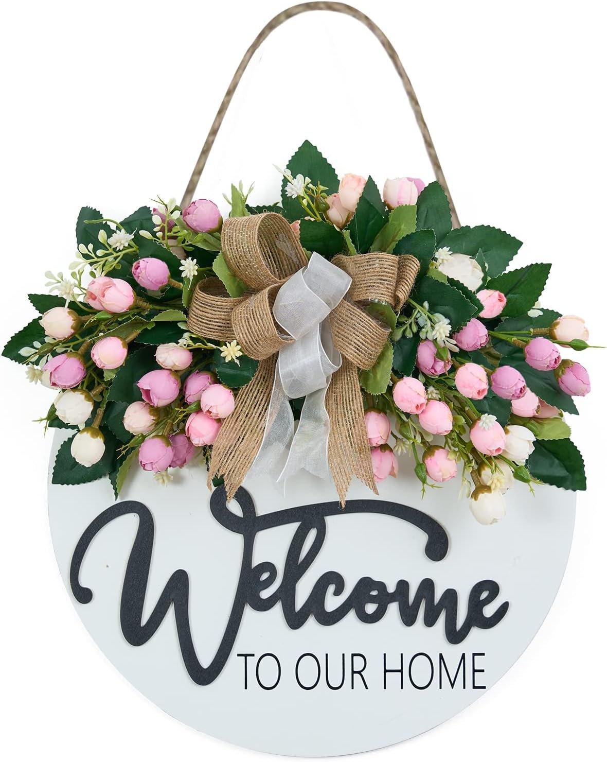Spring Summer Welcome Wreath for Front Door, Farmhouse White Welcome Sign | 13 Inch Wreath with Welcome and pink flower, Outdoor Porch Wall Decor for Housewarming, Wedding, All Seasons