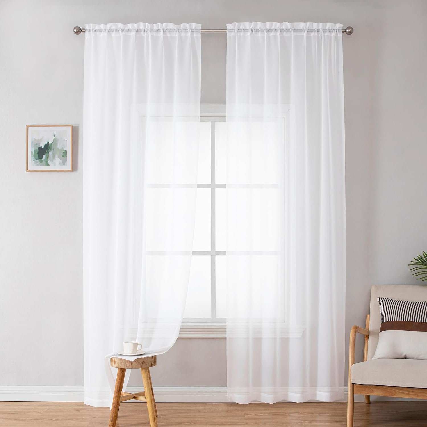 Simplebrand White Sheer Curtains 72 Inches Long 2 Panels for Living Room, Rod Pockets Airy Window Treatments Voile Sheer White Curtains Panels Lightweight for Front Back Patio Glass Door, 42″ Width