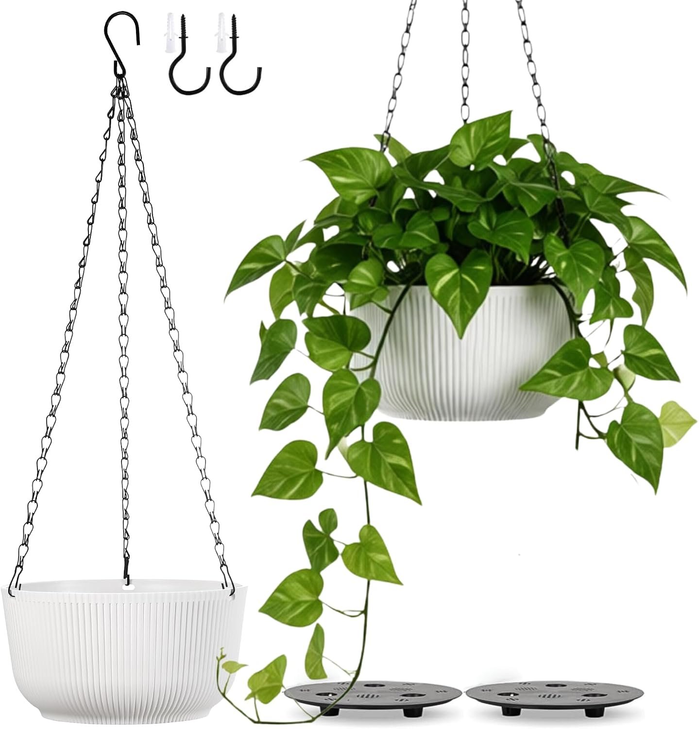 10 Inch White Hanging Planters for Outdoor Indoor Plants – Set of 2 | Self-Watering Hanging lant Pots with Internal Saucer, Drainage Hole & Plug (Hooks)