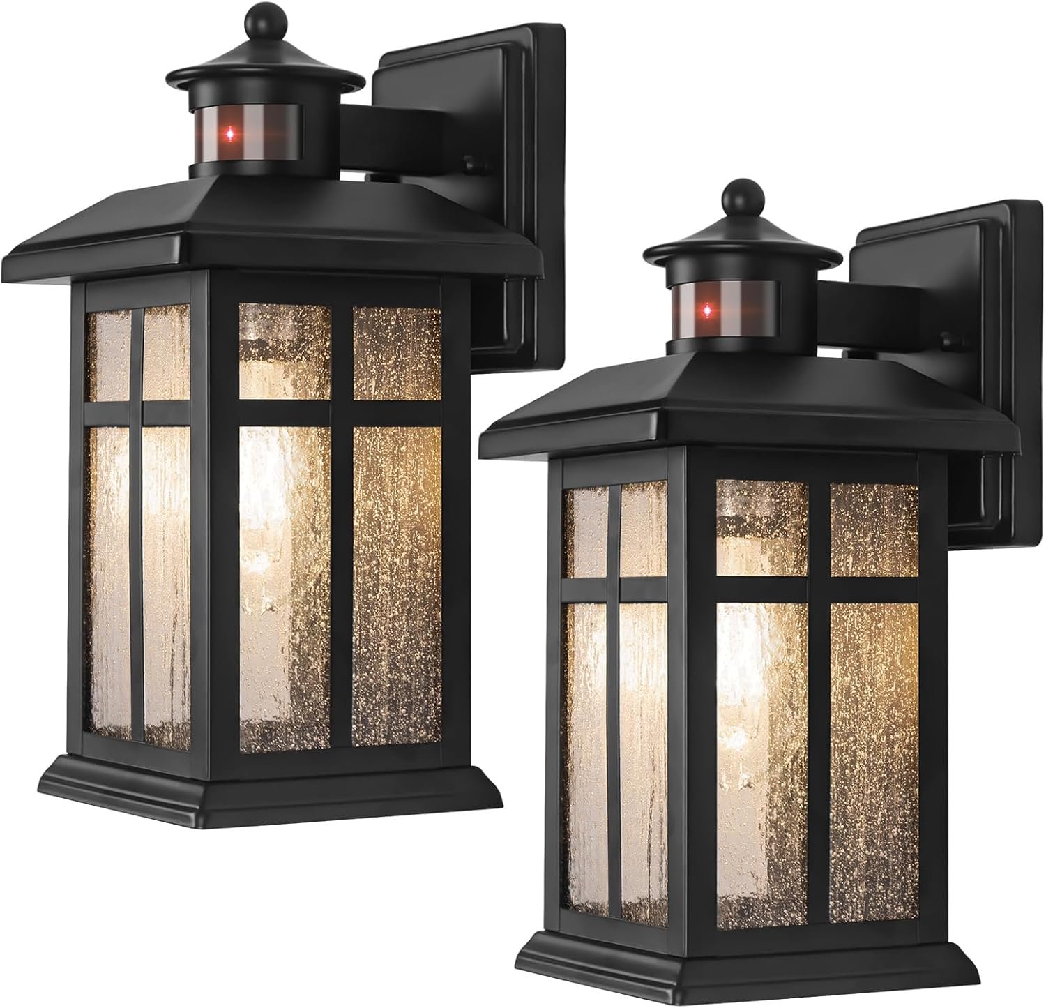 Motion Sensor Outdoor Wall Lights 2 Packs Dusk to Dawn Outdoor Lighting | Hardwired Exterior Light Sconces with E26 Sockets & Tempered Glass, Wall Mounted Black Waterproof Outdoor Lights for House