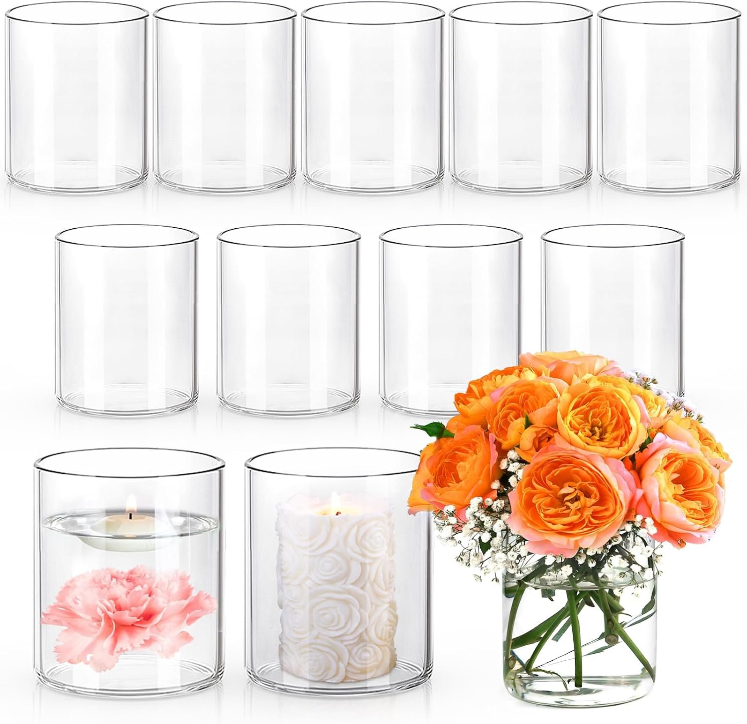 UPBUD 4 Inch Glass Cylinder Vases for Centerpieces, Small Vases for Flowers | 12pcs Small Clear Floating Candle vases for Wedding Decorations, Hurricane Candle Holders for Table, Home Décor