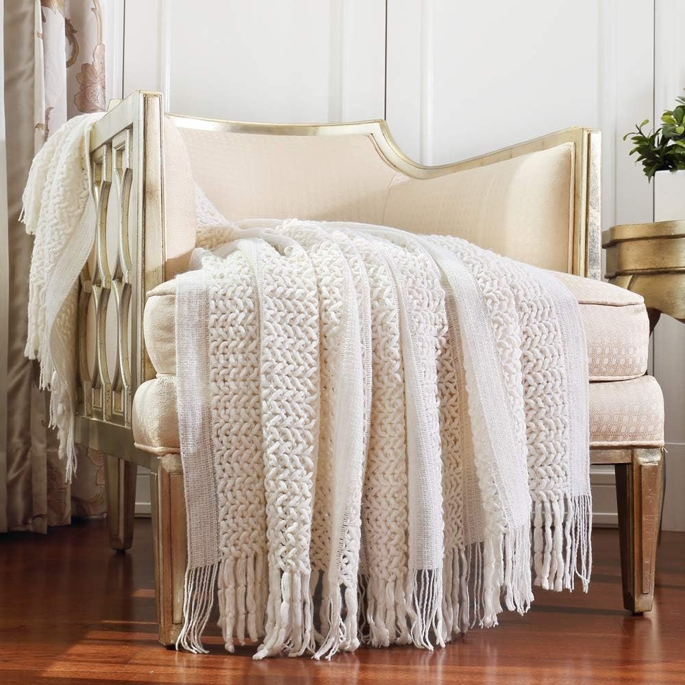 CREVENT Farmhouse Knit Throw Blanket for Couch Sofa Chair Bed Home Decoration, Soft Warm Cozy Light Weight (50”X60” Cream/White)