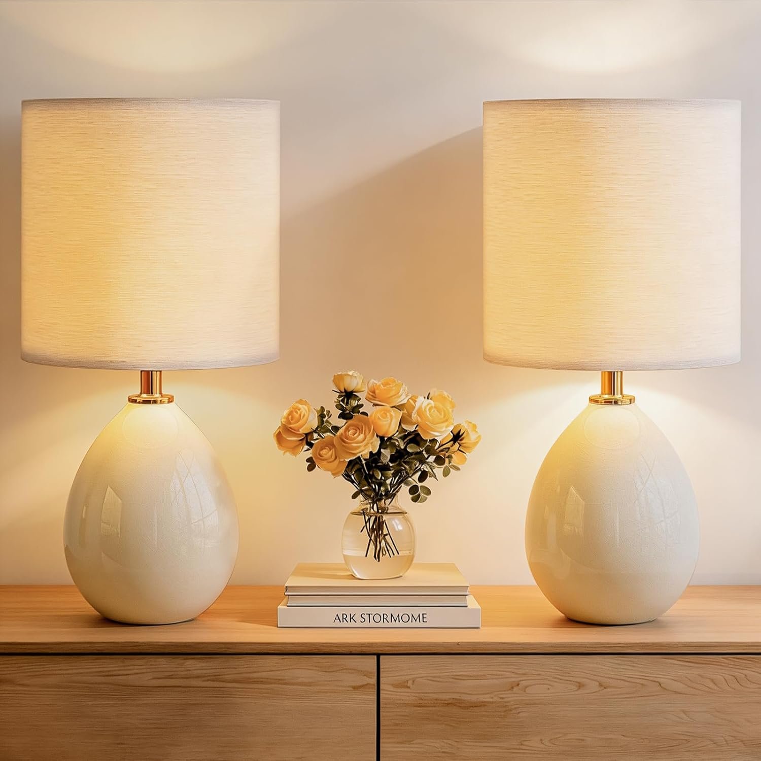 18.5″ Table Lamps Set of 2 for Living Room Bedroom, Bedside Lamps for Night Stands, Desk Nightstand Lamp Dimmable, Modern Linen Cream Ceramic Lamps