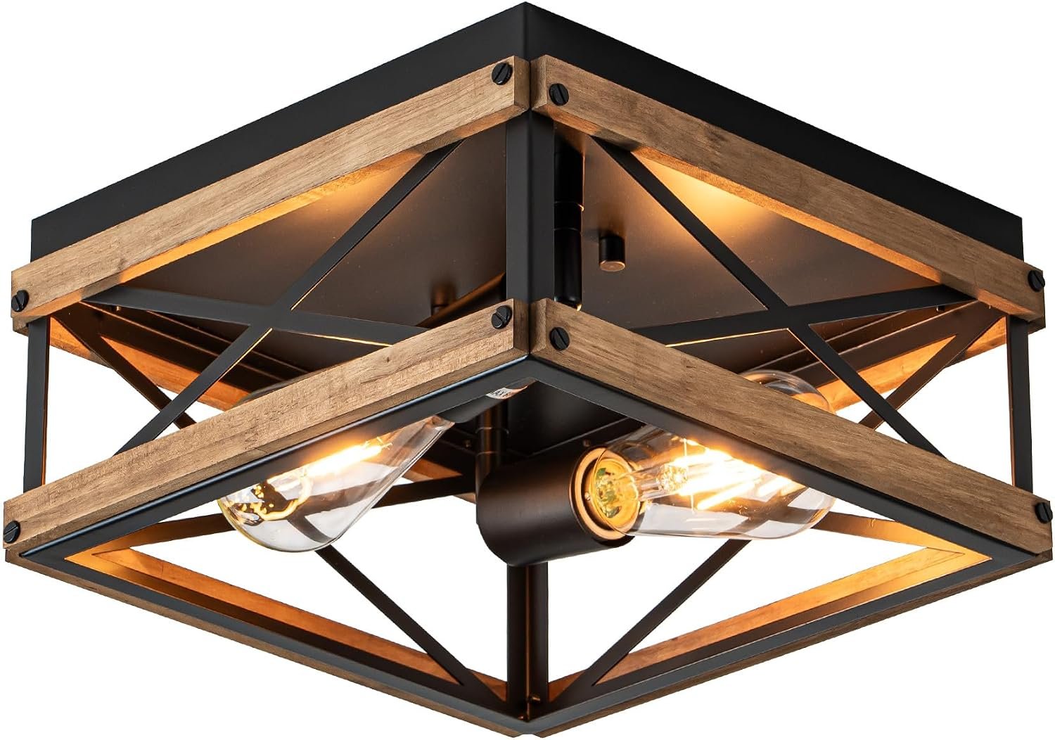 Mayful Black Farmhouse Flush Mount Ceiling Light Fixture, 2-Light Rustic Hallway Light Fixtures with Wood & Metal Frame, Industrial Close to Ceiling Light Fixtures for Kitchen Entryway Foyer