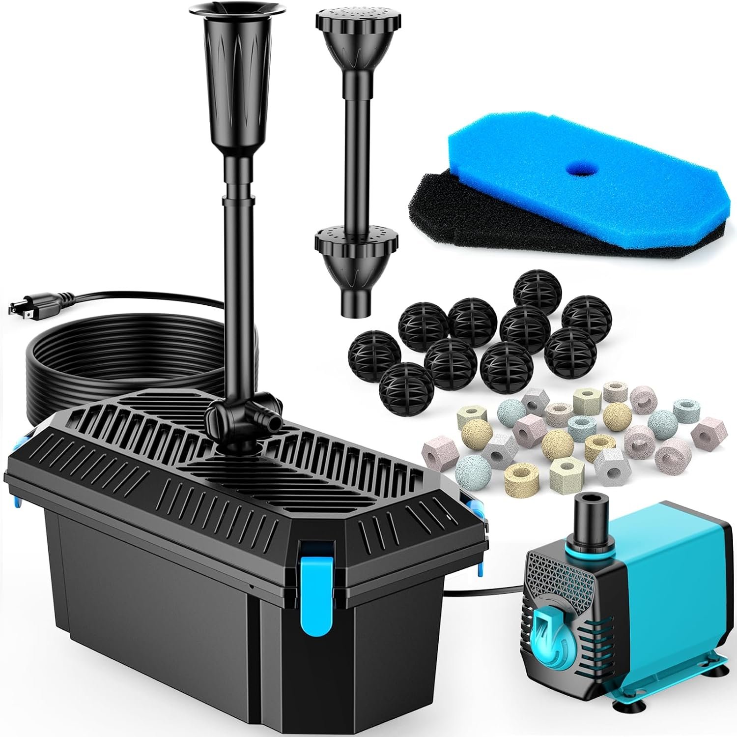 Pond Filter with Pump Fountain Kits, 660GPH Pond Filter with 40W Pond Pump & Fountain Kit, Koi Pond Filters for Outdoor Ponds Clean, Clear, and Add Water Features(Corded Electric)