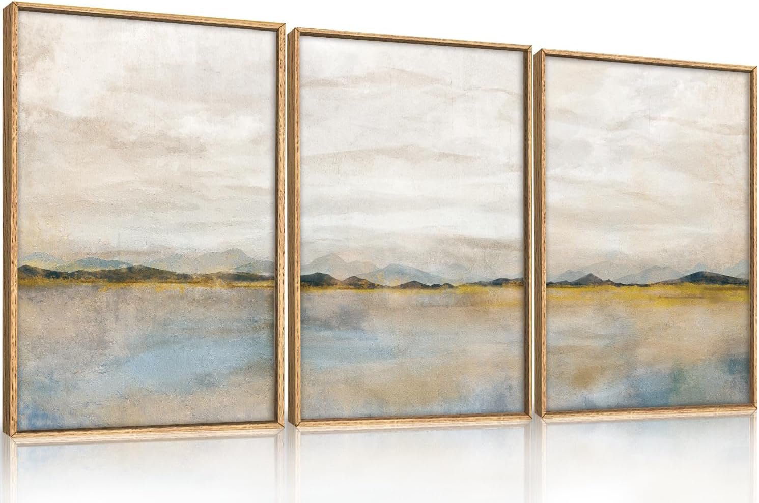 HLNIUC Large Abstract 3 Piece Wall Art 16×24, Neutral Distant Mountain Wall Decor, Watercolor Beige Dusty Nature Landscape Painting, Modern Pastel Scenery Art Prints for Living Room, Bedroom, Office
