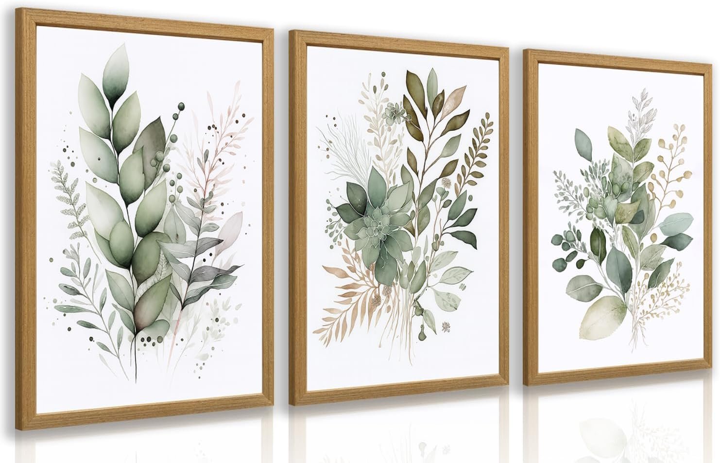 LLEEMPI Sage Green Botanical Wall Art Set of 3, 12×16 Wood Framed Prints | Watercolor eucalyptus leaves in a minimalist sage green palette for bedroom, bathroom, office, or living room decor.