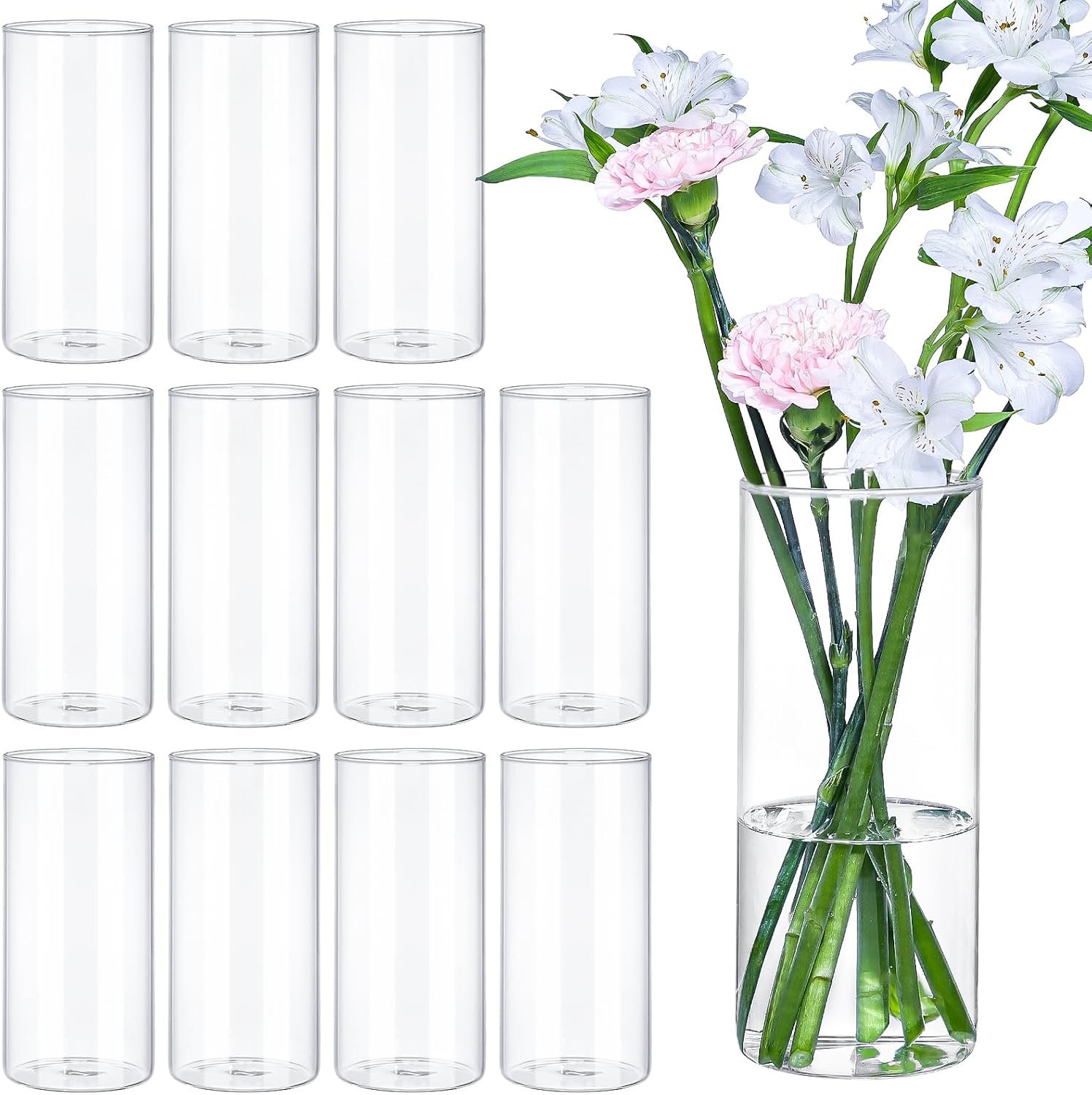 12pcs 8 Inch Clear Glass Cylinder Vases for Centerpieces | Tall Flower Vases for Wedding & Home Decor, Hurricane Floating Candle Holders for Table & Shelf