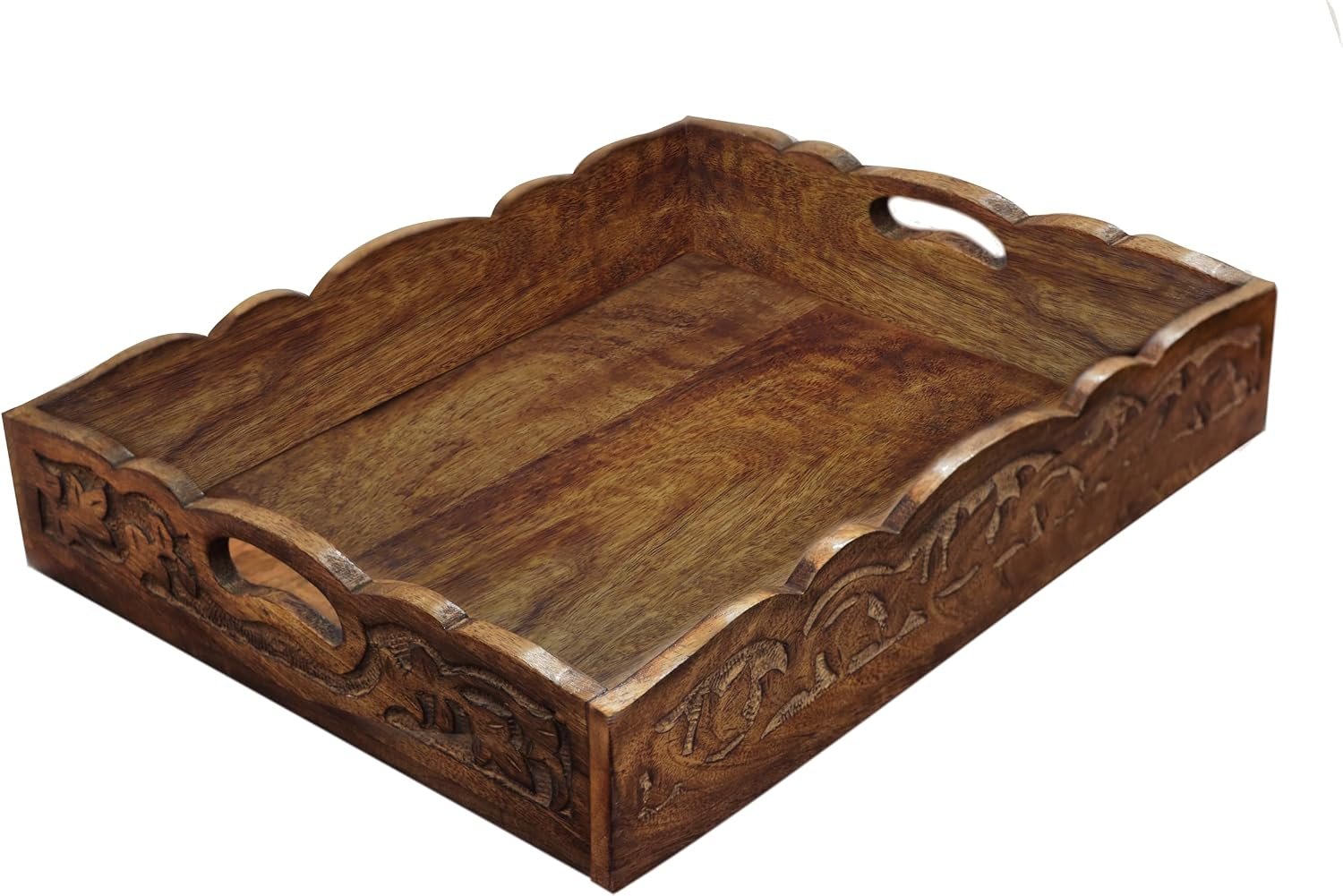 COTTON CRAFT Hand Carved Wooden Serving Tray – Breakfast Tray with Handles | Natural Finish Decorative Dinner Tray – Rustic Intricately Detailed Unique Furnishing Accent – Food Tray – 17x13x2.5 Inches