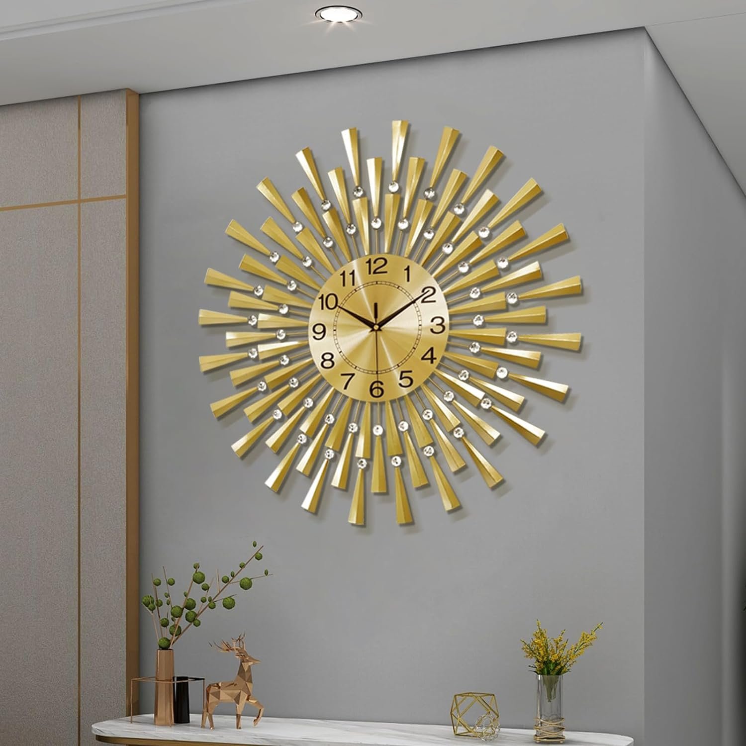 FLEBLE Large Wall Clocks for Living Room Decor Modern Gold Silent Clock | Battery Operated Non-Ticking for Bedroom Kitchen Office Home Decorative 24in Retro Crystal Analog Clock Wall Decor for House