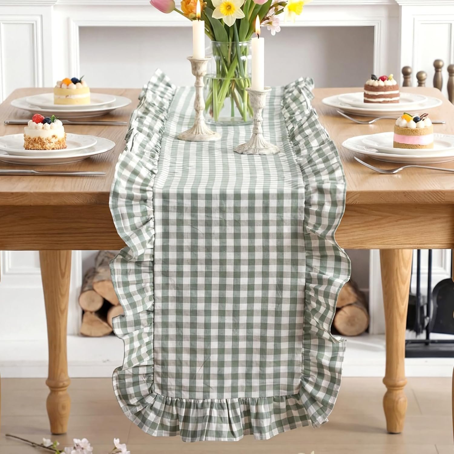 Tegeme Sage Green Gingham Ruffled Table Runner 12 x 72 Inch 100% Washed Cotton Decorative Farmhouse Table Runner Vintage Checkered Plaid Cabinet Cover for Home Kitchen Dinner Party Decorations