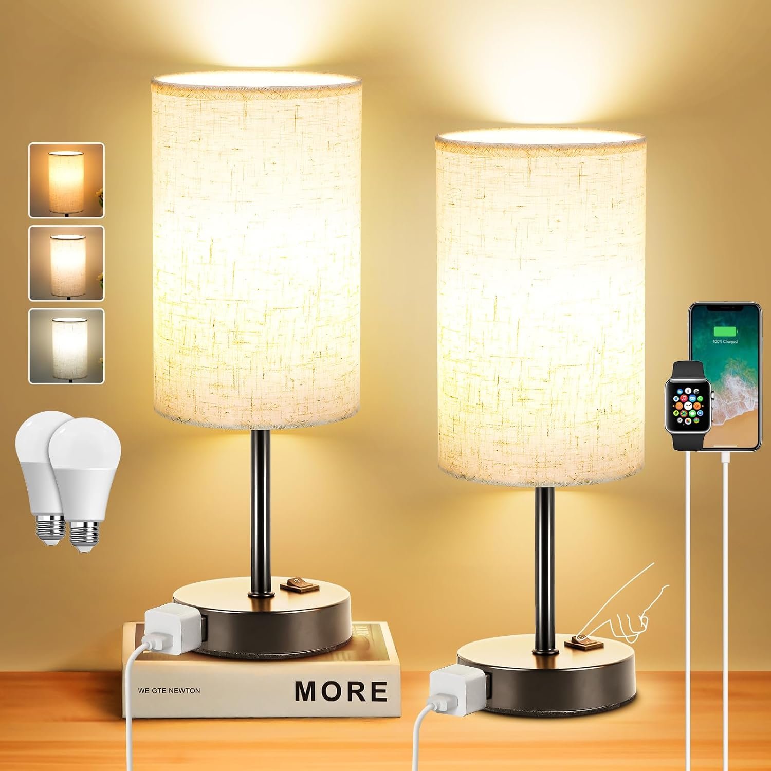 ZJOJO Table Lamp for Bedroom Set of 2, Bedside Small Lamps with 3 Way Dimmable Rocker Switch and AC Outlet, Nightstand Desk Lamp with Flaxen Fabric Shade Black Base for Living Room Home Decor Lights | E26 Bulbs,AC Outlet,3 Way Dimmable,Rocker Switch,Desk Lamp Flaxen Fabric Shade Black Base 2Pack Bedroom Living Room Dorm Lamp