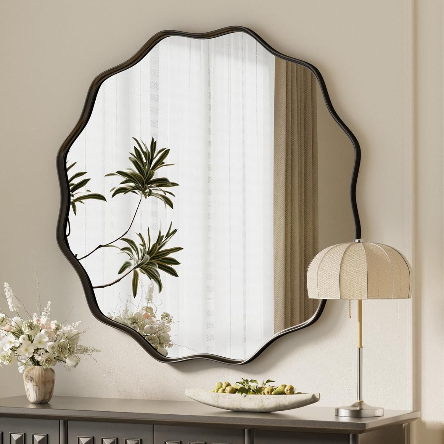 Black Scalloped Circle Mirror 30″ Wavy Edge Round Wall Mirror | Tempered Glass Textured Circular Metal Deep Frame, Hanging Leaning for Bathroom, Hallway, Entryway, Living Room