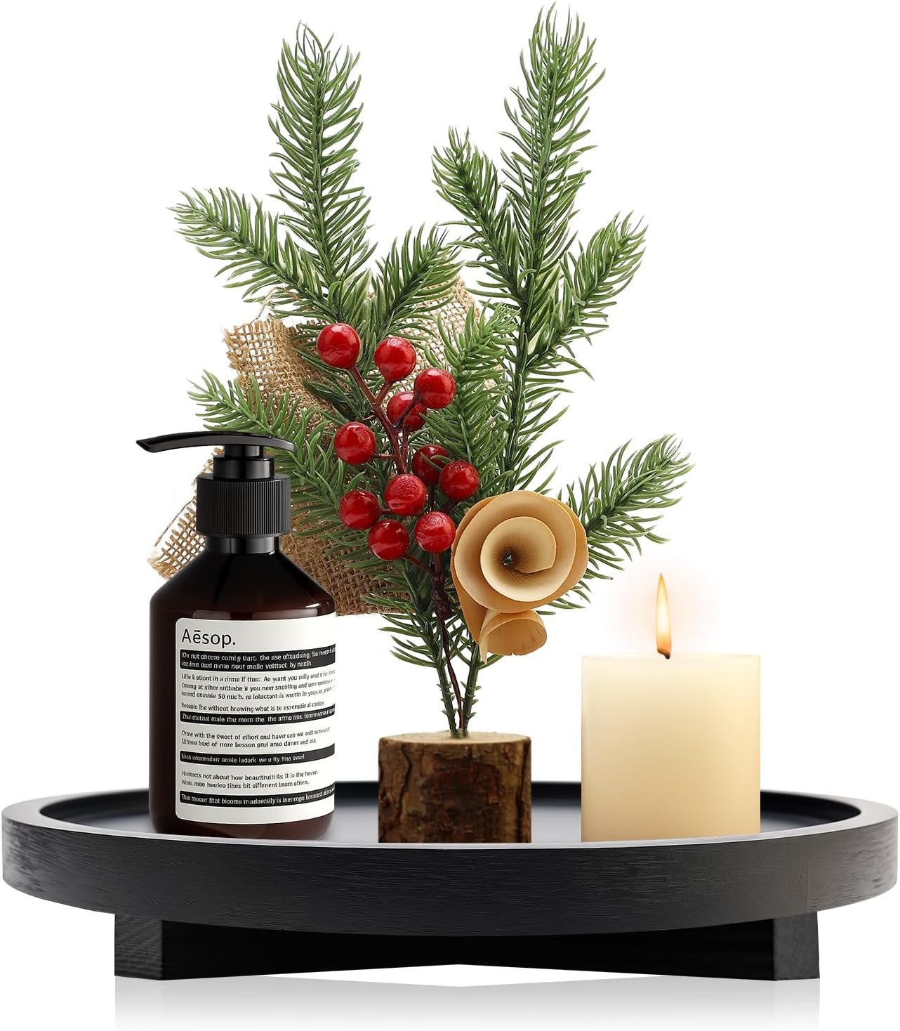 Black Round Decorative Wooden Tray for Bathroom Counter Table Trays Decor | Circle Wood Riser Kitchen Counter Soap Sink Vanity Trays Lazy Susan Candle Pedestal Stand Bandeja Decorativas Small Oil Tray
