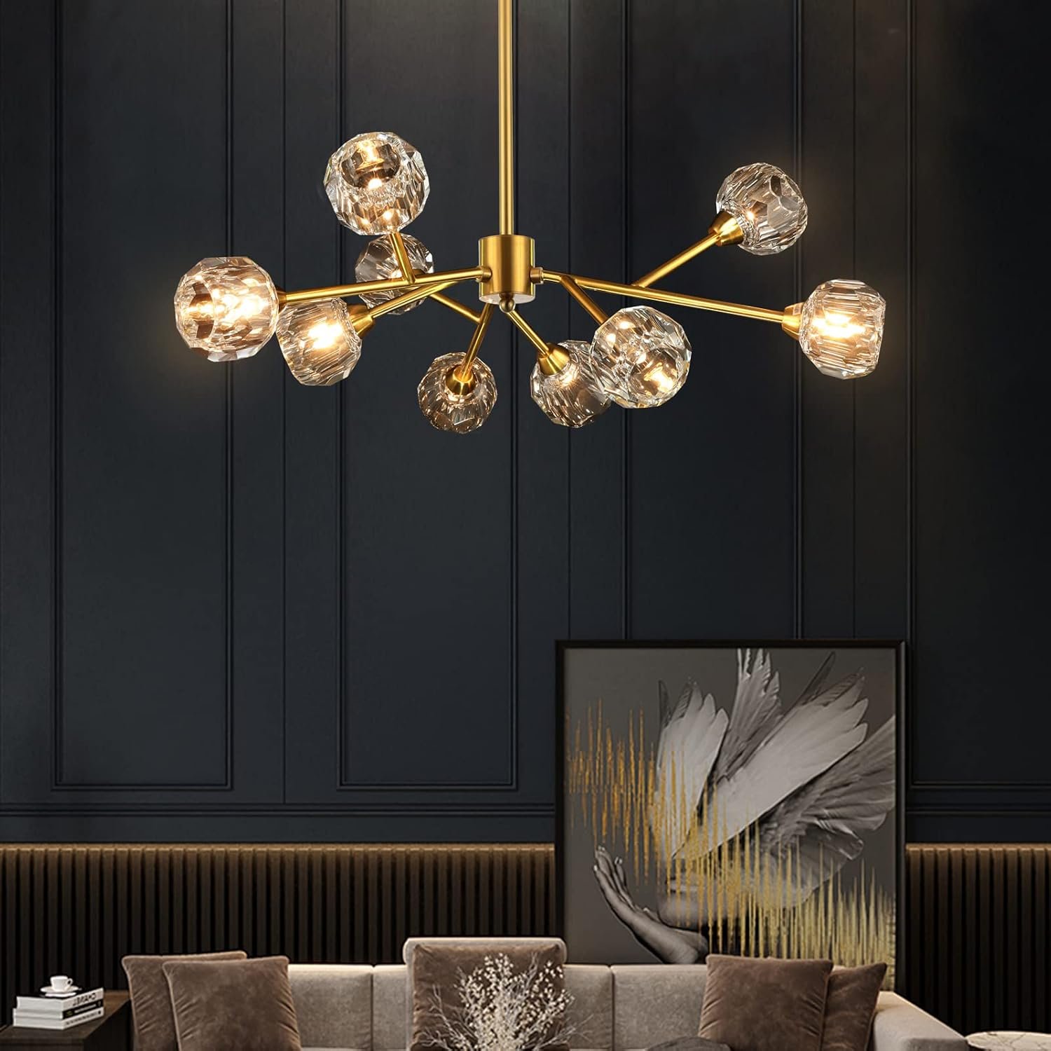 Weesalife Sputnik Chandeliers for Dining Room，9 Lights D30” Inch | Modern Gold Crystal Chandeliers Adjustable Height Brass Lighting Fixtures for Bedroom Kitchen Island Living Room G9 Base