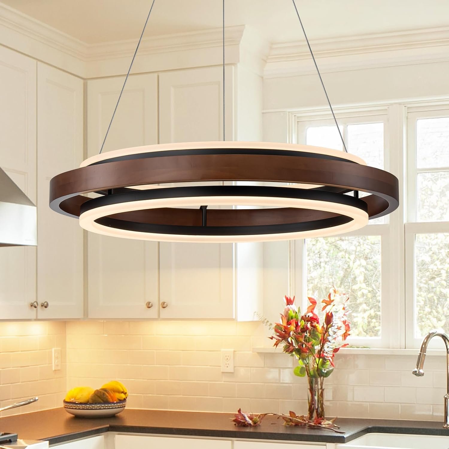 Modern Wooden LED Chandelier, 24″ Dimmable Farmhouse Walnut Color Round Dining Room Light Fixtures, 2 Ring Wood Hanging Pendant Light for Kitchen Island Over Table Bedroom Office Living Room