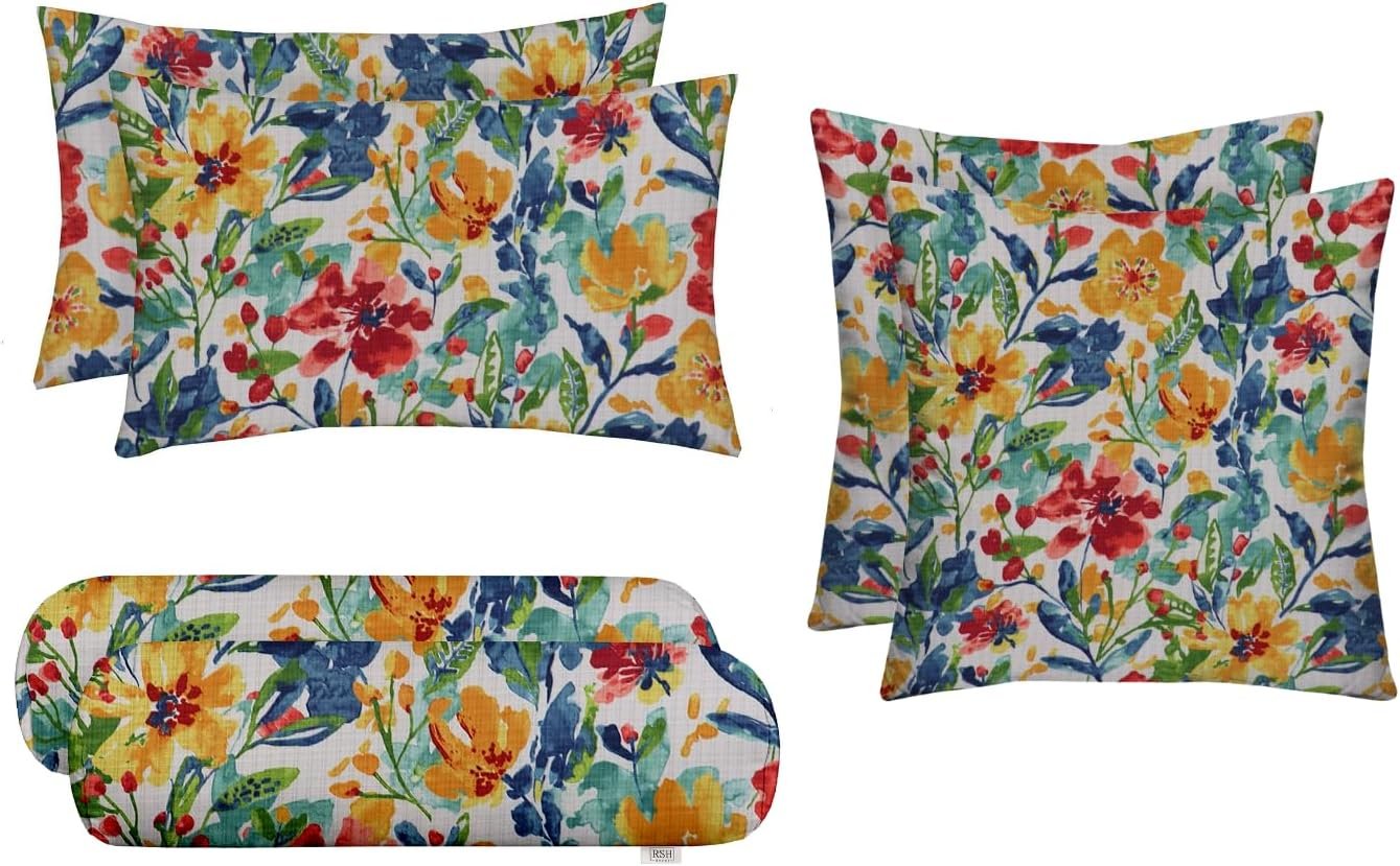 RSH DECOR 6-Pack Pillow Set | All-Weather Spun Fabric | Water & Fade-Resistant | Outdoor Throw Pillows | 20″ x 12″ Lumbar, 17″ Square, & 20″ x 6″ Neck Roll | Made in USA (Oakmont Hightown Festival)