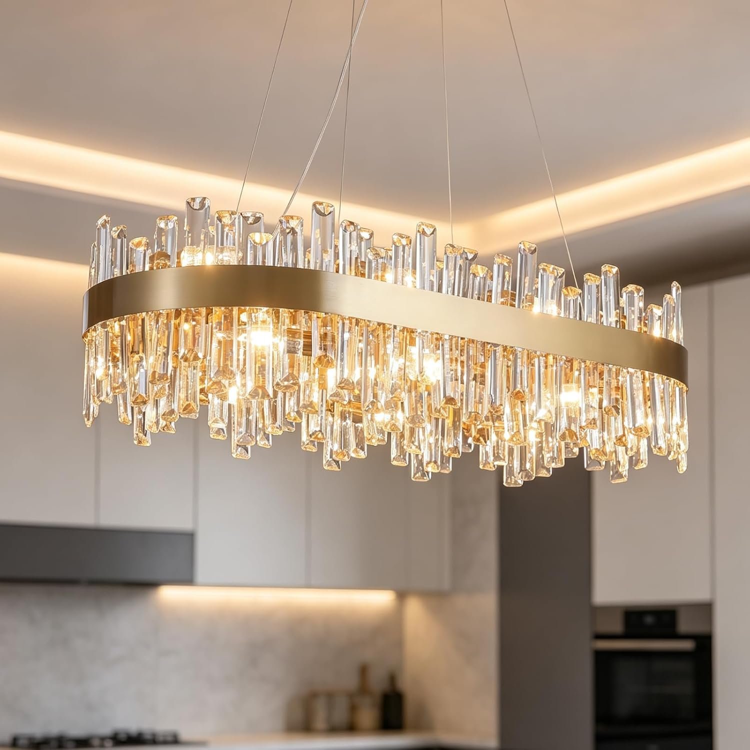 Siljoy Modern Rectangular Gold Crystal Dining Chandelier Dimmable, L35.4” | Brushed Gold, E12 x 16, Adjustable Height, 2-Tiers K9 Crystal, Raindrop Chandelier, Ceiling Light, Living Dining Room Kitchen