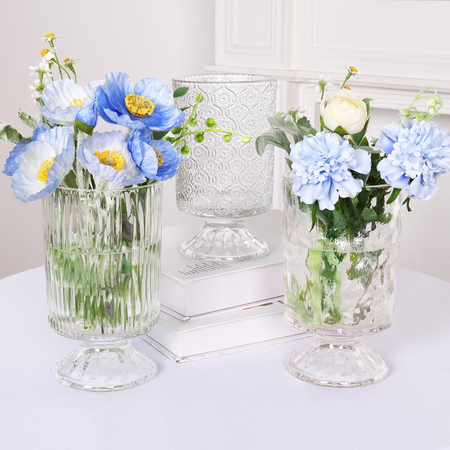 Fixwal 3pcs Vintage Glass Vases, Clear Vases for Wedding Home Decoration | Embossed Base Vases for Wedding Decoration (H:7″ D:4″), Ribbed Glass Containers for Home Decor