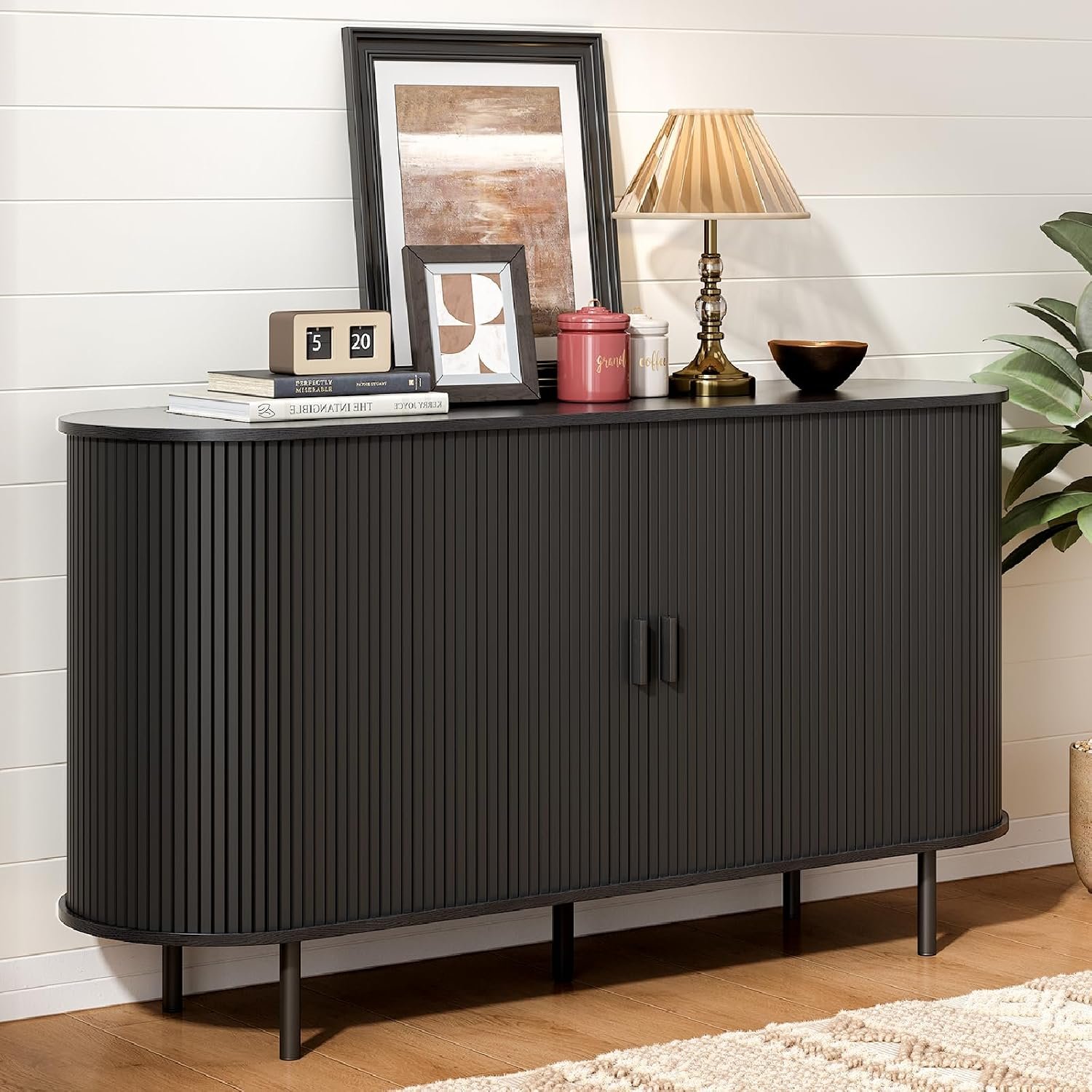 55″ Sideboard Buffet Cabinet with Storage, Storage Cabinet with Sliding Door & Adjustable Shelf, Modern Accent Coffee Bar Cabinet Console Table for Kitchen, Entryway, Black