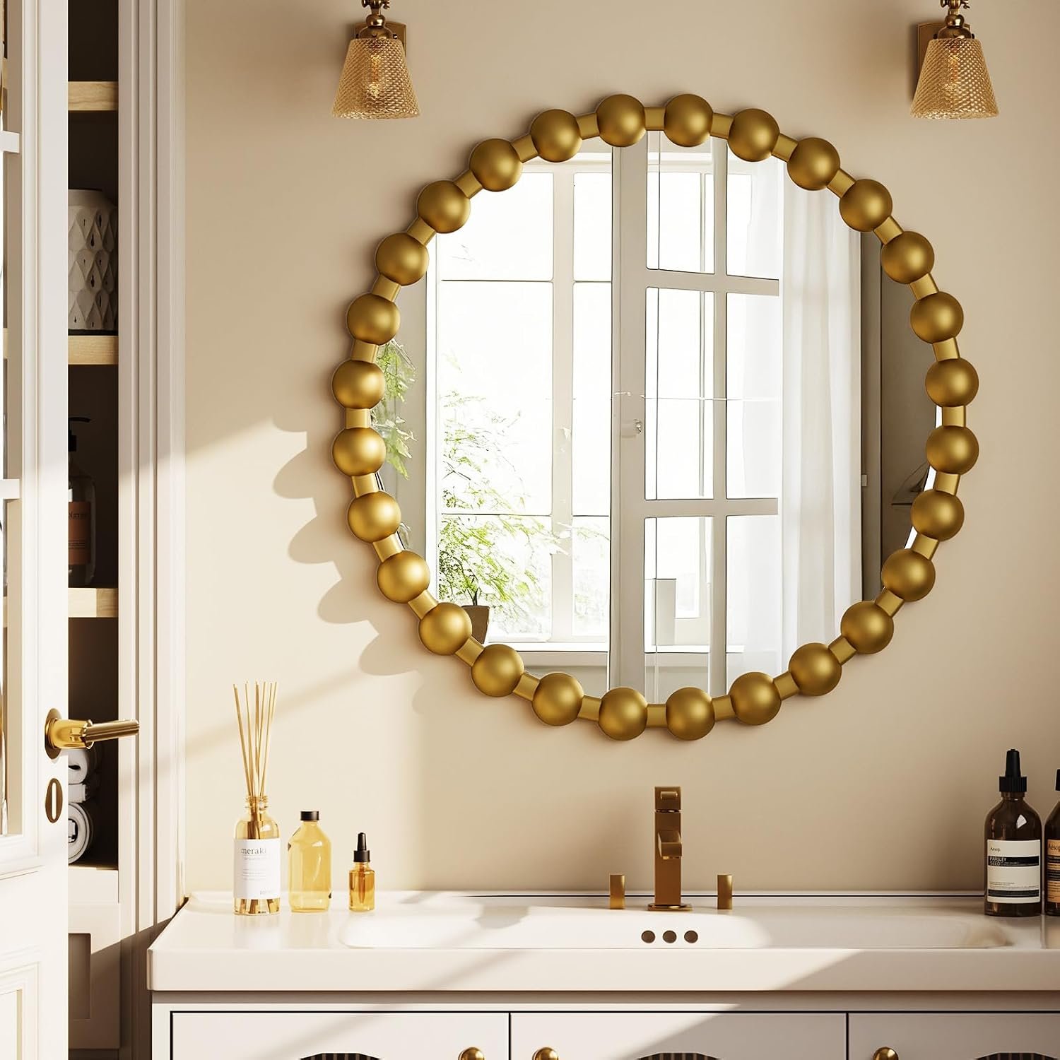 Easly Round Mirror for Wall, 24 Inch Gold Beaded Frame Decorative Vanity Mirror, Circle Bathroom Mirror with High-Definition Lense, Modern Wall Decor for Bathroom, Living Room, Bedroom, Entryway