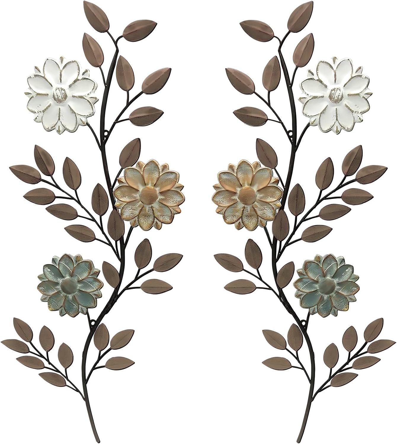 MorningRo 2 Pcs Metal Flower Leaves Wall Art Spring Wall Decor Living Room, 15.75 Inch Vintage Rustic Branch Leaf Wrought Iron Scroll Art Decor for Summer Bedroom Indoor Outdoor Decorations(Brown)