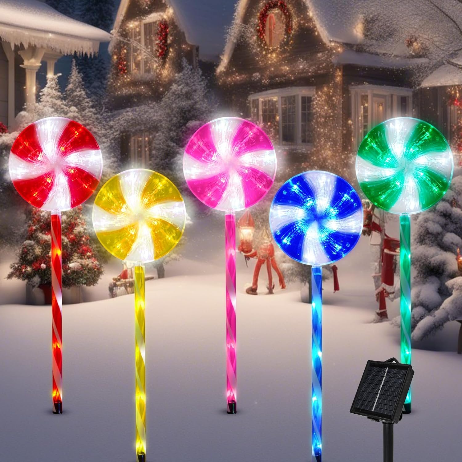 Outdoor Christmas Decorations, Lollipop Pathway Lights, 5 Pack | Solar Pathway Lights, Lollipop Stakes, 8 Modes, Waterproof, Candy Cane Walkside Display, for Yard, Lawn, Garden
