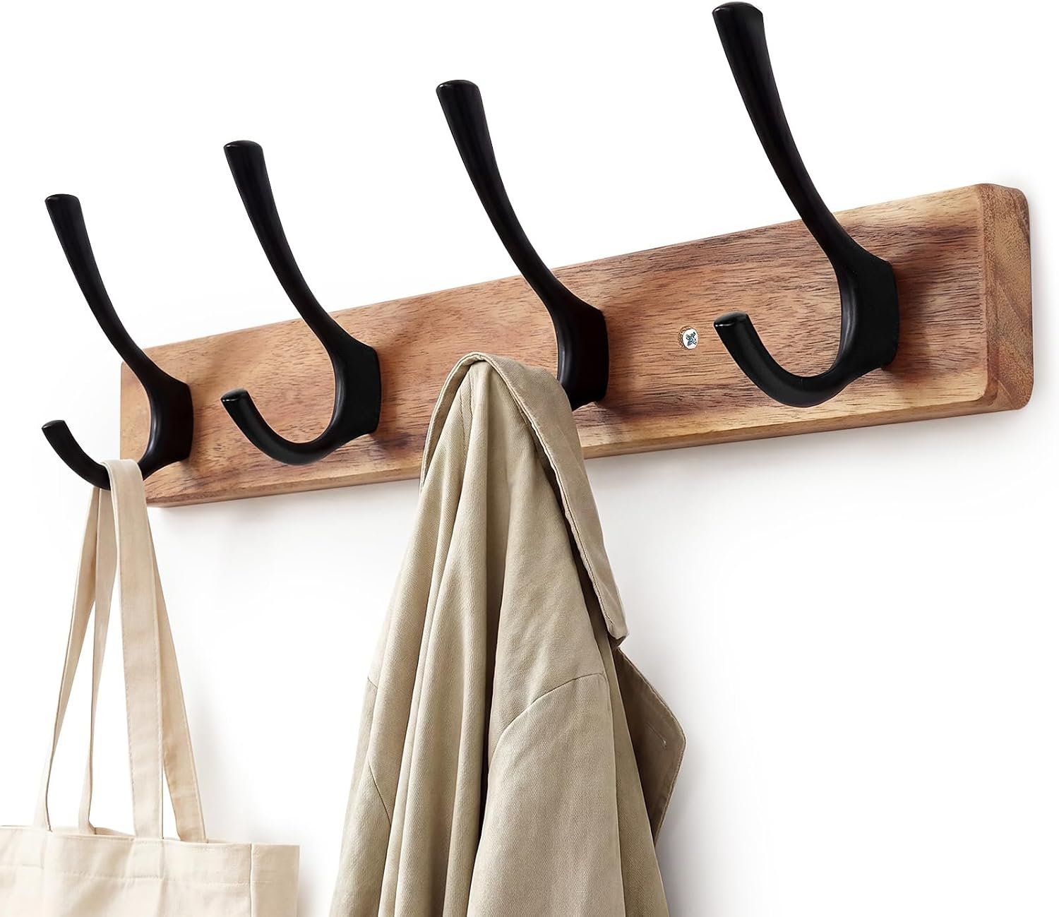Coat Rack Wall Mount,Acacia Wood Coat Hooks Wall Mount,15″ Wall Coat Rack with Heavy Duty 4-Double-Hooks,Hat Rack Wall Coat Hanger for Towel/Dog’s Leashes/Coat/Bag
