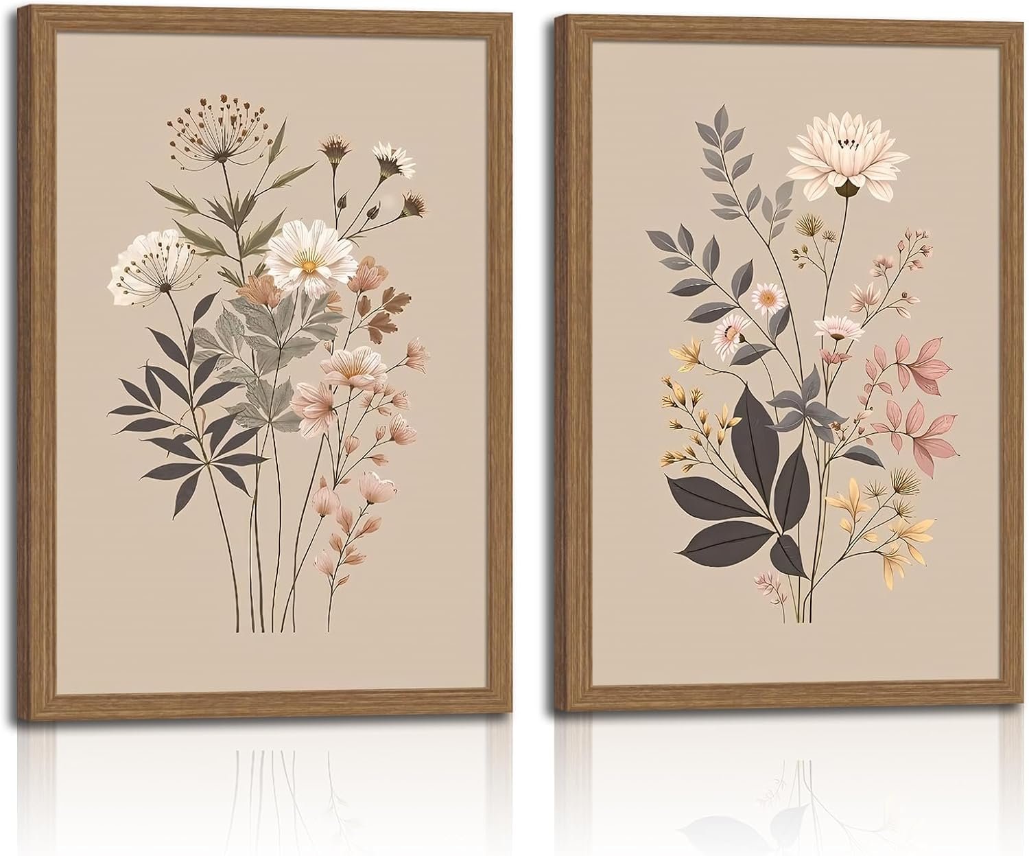 2pcs Framed Botanical Canvas Prints – Neutral Floral Wall Art With Wildflowers – Minimalist Nature Posters For Living Room, Bedroom, Office Decor -Modern Flower Picture 12x16in