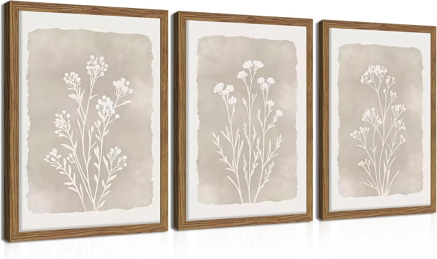 Framed Boho Botanical Flower Wall Art Set of 3, Vintage Minimalist Neutral Floral Wall Decor Paintings, Rustic Farmhouse Wildflower Artwork Prints Picture for Living Room Bedroom Bathroom 12×16 Inch