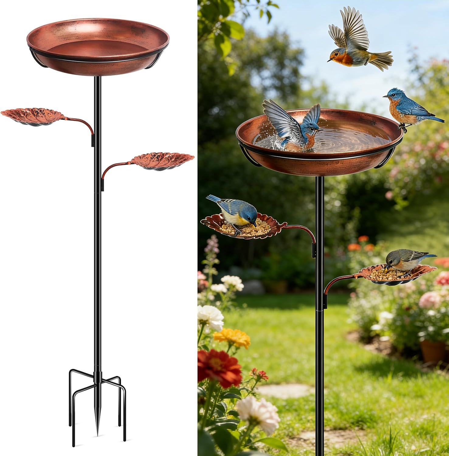35” Metal Bird Bath for Outside, 12 x 2-Inch Birdbath Bowl, Bird Feeder | 0.95-Gallon Vintage Brown Freestanding Birdbath with Removable Bowl, 6.5-Inch 5-Pronged Base for Gardens, Patios and Yards