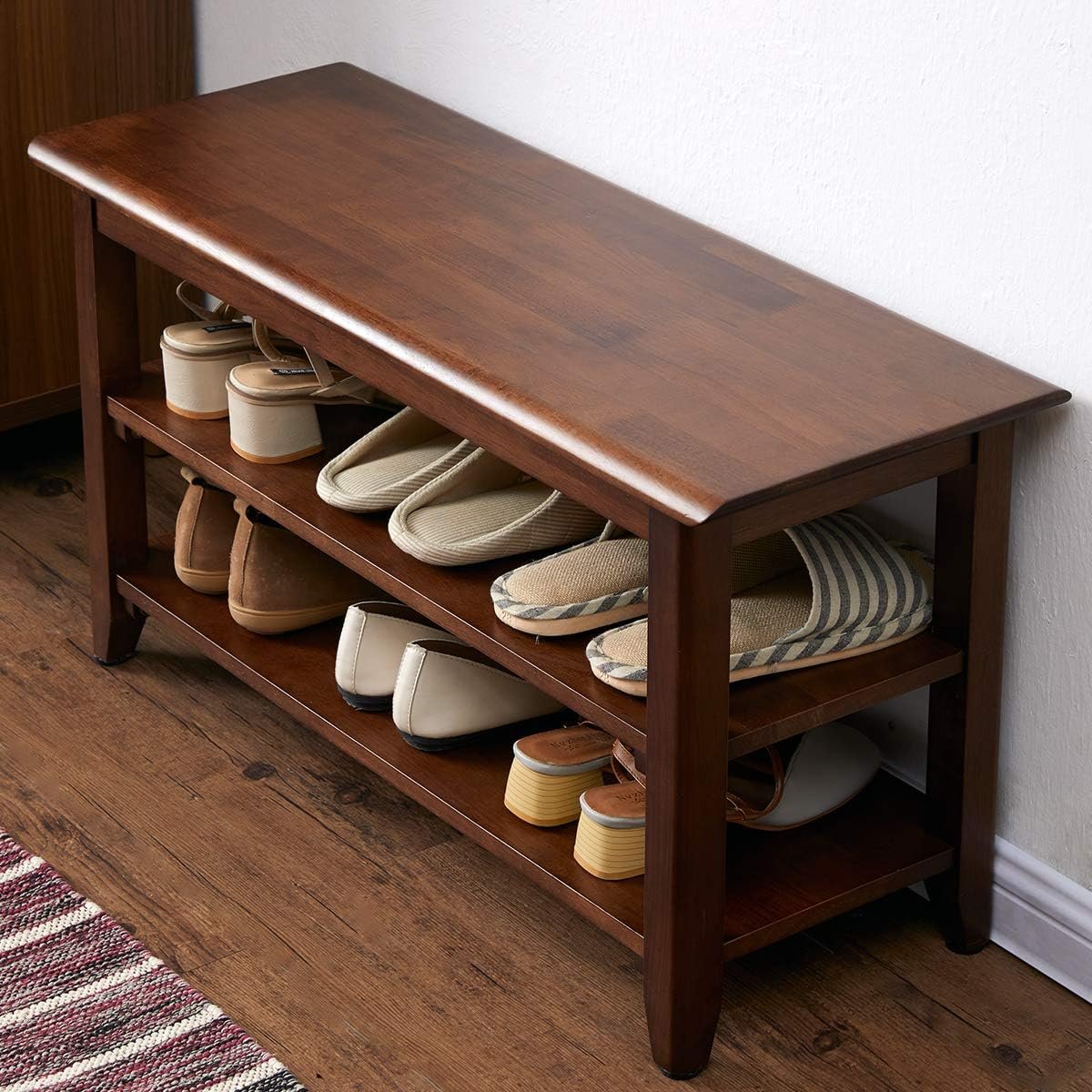 XKZG Shoe Rack Bench Wooden Shoe Storage Bench Entryway Bench, Brown, 31.5″ | Rubber wood, Shoe Bench for Entryway, Living Room, Bedroom, Balcony, 31.5″W x 11.8″D x 16.5″H