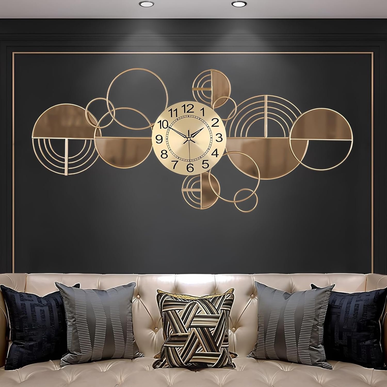 Modern Large Wall Clock Metal Decorative Clock, 3D Creative Wall Art Silent Non Ticking,Battery Operated Oversized Round Modern Wall Clock for Bedroom,Farmhouse,Office Wall Decor , 16.5*37 Inch