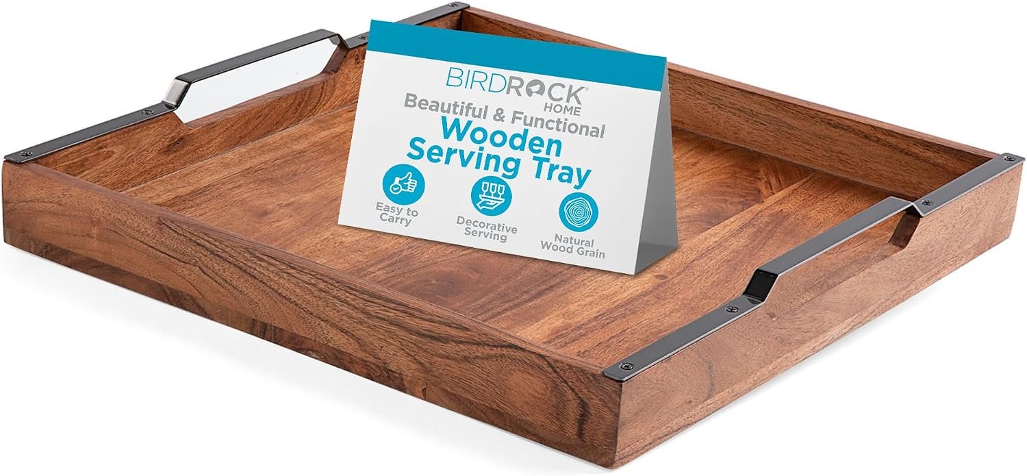 BIRDROCK HOME Wooden Serving Tray with Handles – Farmhouse Decor – Square Top Breakfast Trays – Tea Cheese Board – Coffee Table – Natural Acacia Wood – Kitchen – Bar