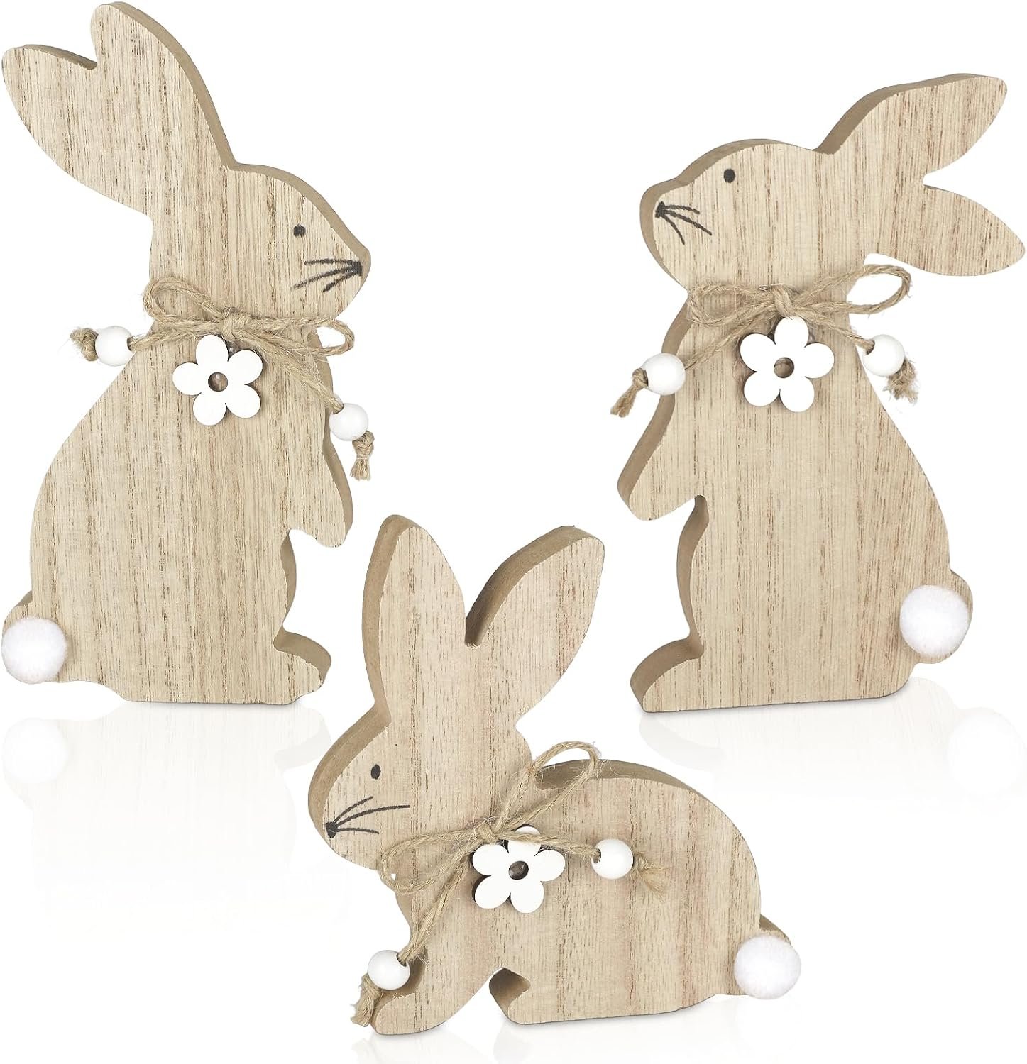 3Pcs Easter Decorations for Home Easter Bunny Wooden Table Sign Farmhouse Rabbit Table Centerpieces with Pompom Ball Rustic Wood Tabletop Blocks Tiered Tray Shelf Mantle Office Desk Indoor Party Decor