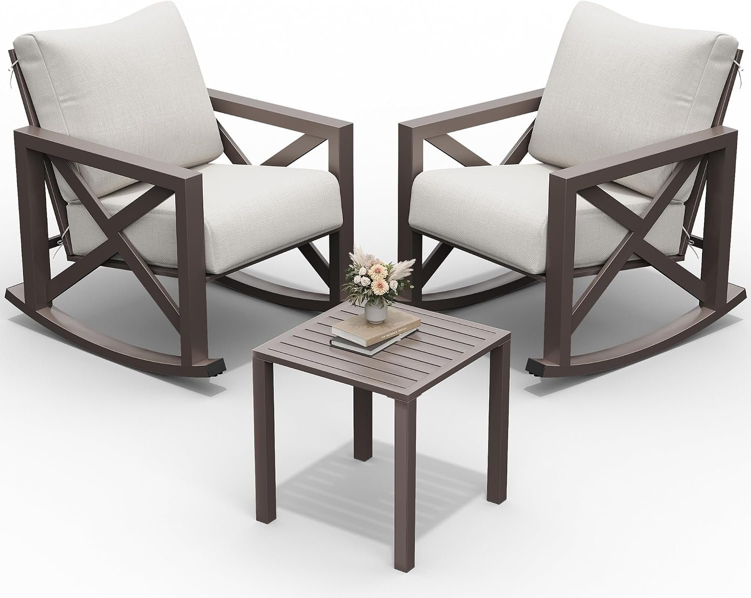 UDPATIO Rocking Chair Outdoor Set 2 w/Coffee Table, 3 Pc Metal Bistro Set | Metal Rocking 6.5″ Water-Resistant Cushions, Oversized, 350lbs Heavy-Duty, for Porch, Patio, Balcony, Beige
