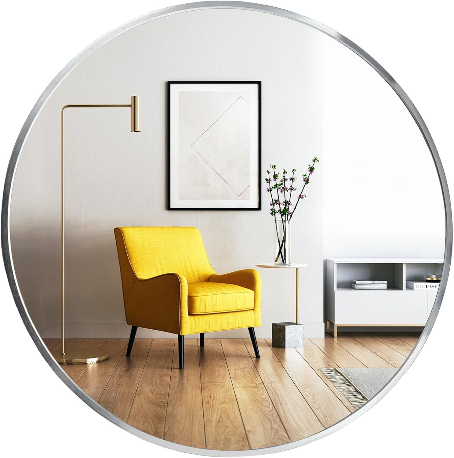 Silver Round Mirror, Round Mirror 24 inch Brushed Nickel, Circle Wall Mirrors Metal Frame, Silver Circular Mirrors for Bathroom, Wall, Living Room, Entryway, Hallway, Vanity, Rustic