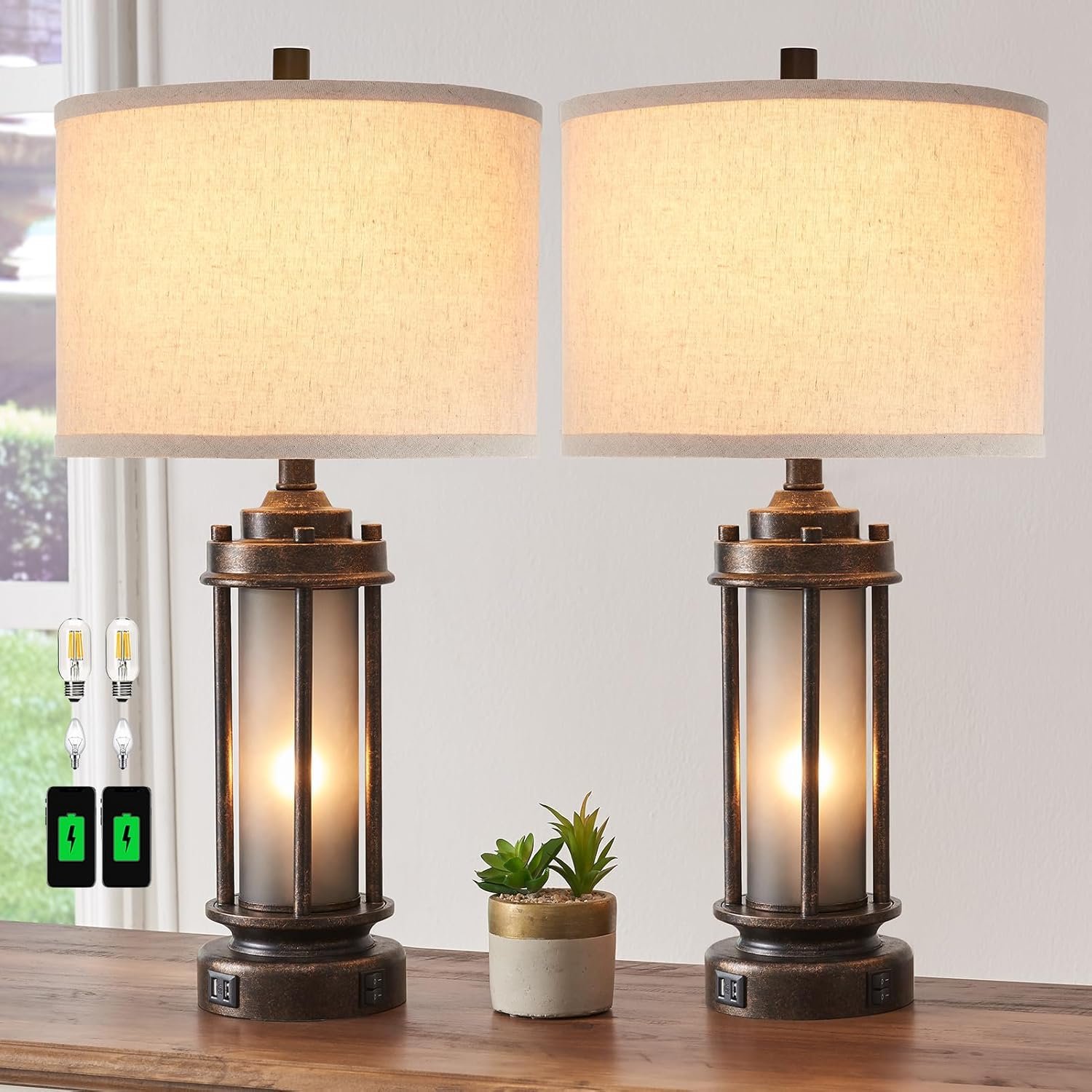 AIEAMPDO Set of 2 Farmhouse Table Lamps for Living Room with USB C+A Ports | Rustic Vintage Bedroom Nightstand Lamp, Built-In Frosted Glass Night Light for End Table Entryway, 4 Bulbs Included (Bronze)