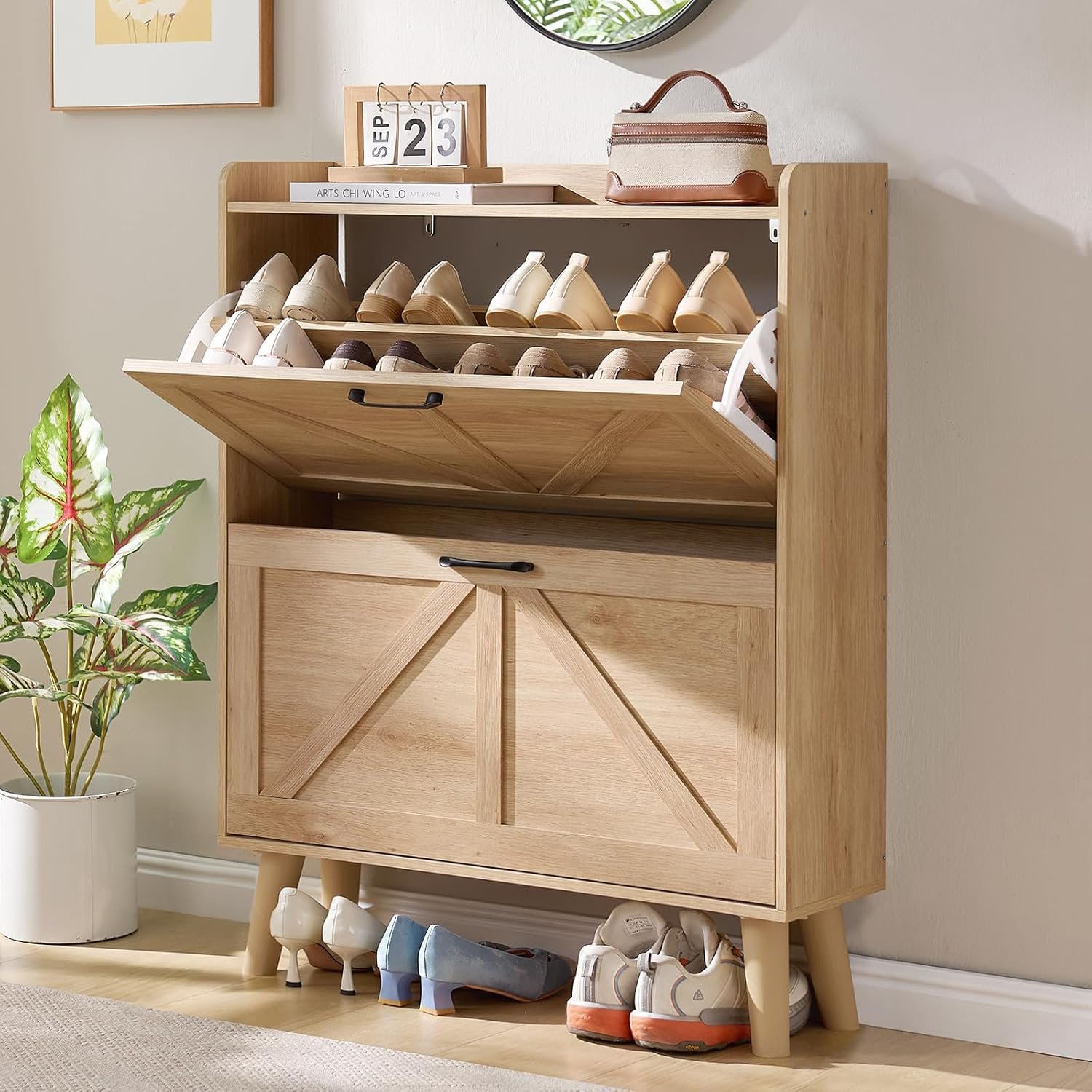 LEYAOYAO Shoe Cabinet Storage for Entryway with 2 Flip Drawers | Rack Narrow Organizer Slim Hidden Wood Shoe Cabinet Furniture